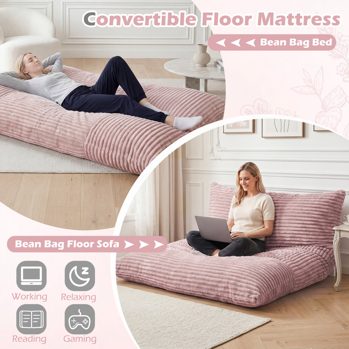 Convertible Bean Bag Floor Sofa with Machine-washable Corduroy Cover