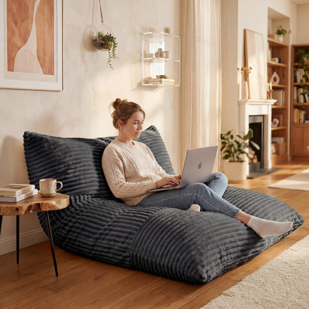 Convertible Bean Bag Floor Sofa with Machine-washable Corduroy Cover