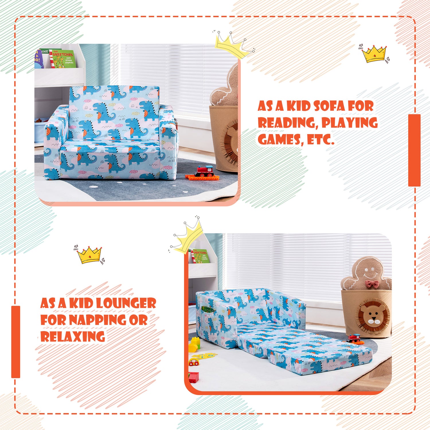 2-in-1 Convertible Kids Sofa with Velvet Fabric