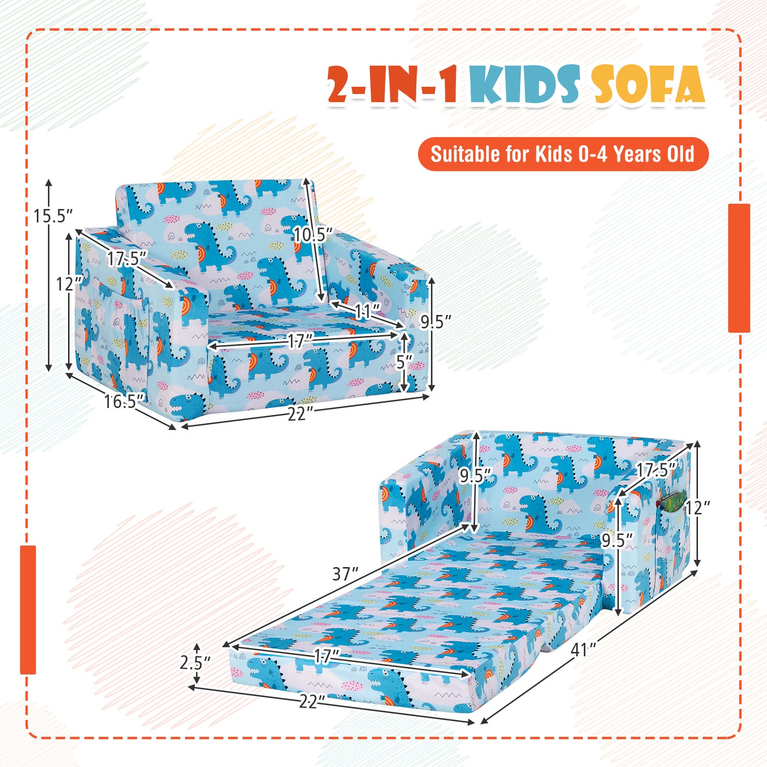 2-in-1 Convertible Kids Sofa with Velvet Fabric