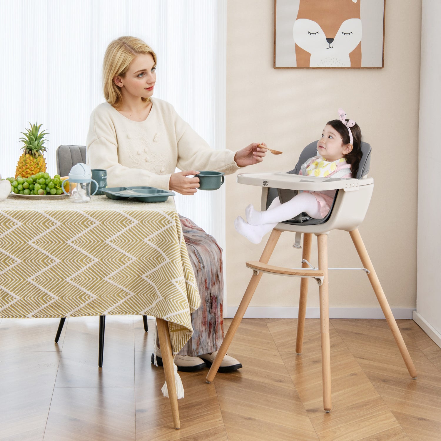 3-in-1 Convertible Wooden High Chair with Cushion