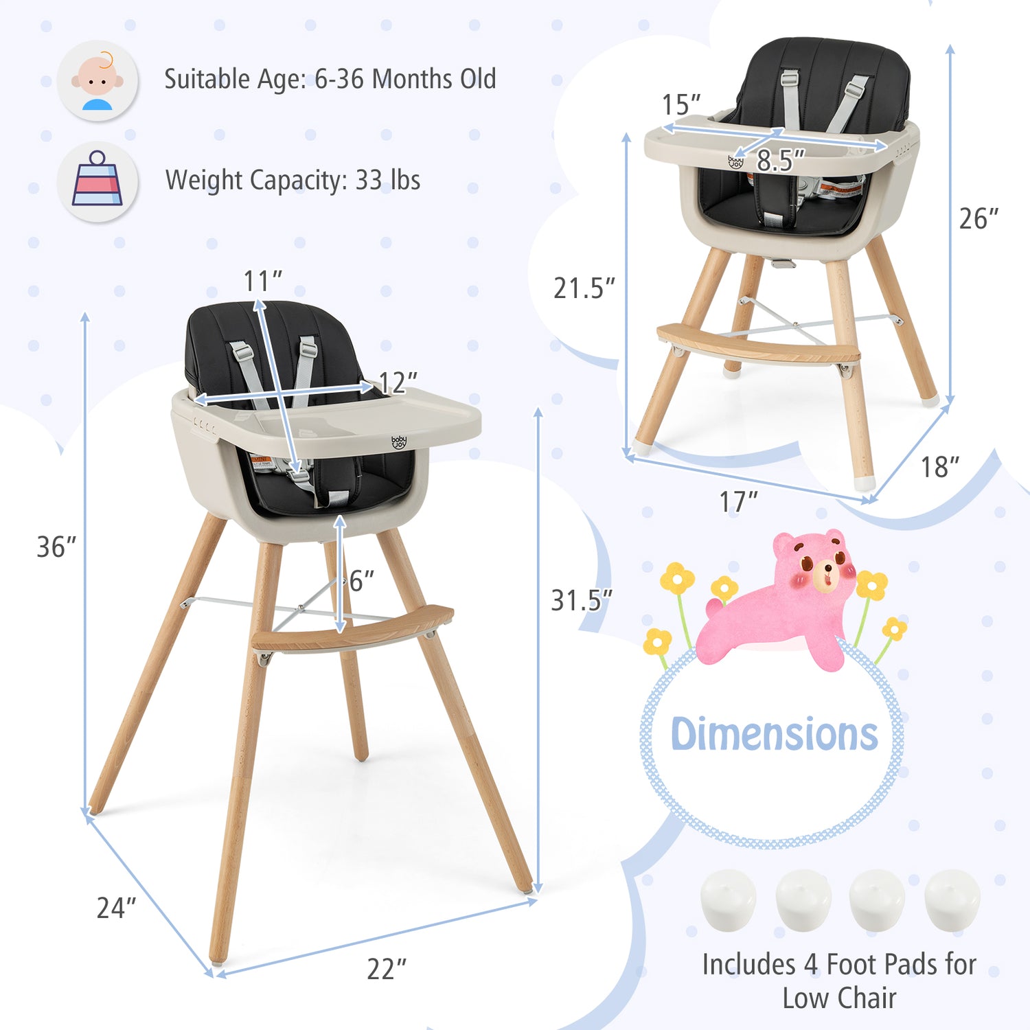 3-in-1 Convertible Wooden High Chair with Cushion
