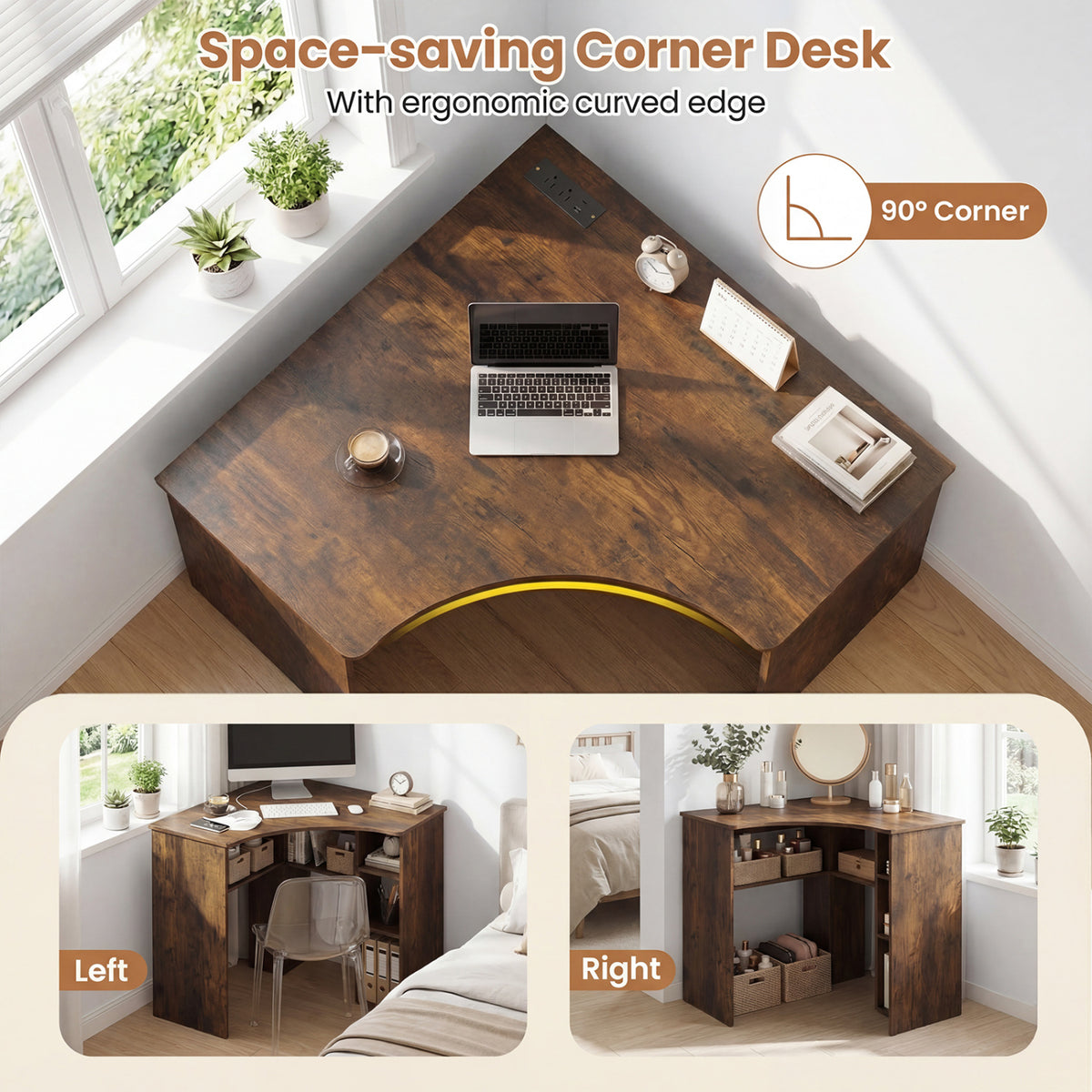 Corner Computer Desk Triangle Home Office Desk with Adjustable Shelf and Arc-Shaped Profile