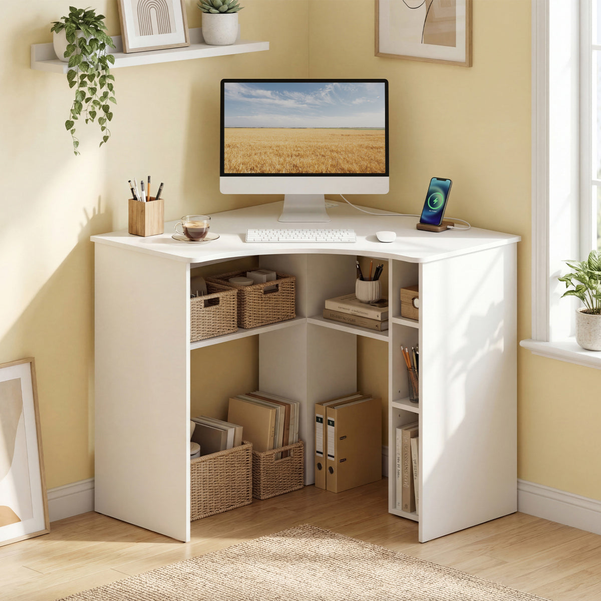 Corner Computer Desk Triangle Home Office Desk with Adjustable Shelf and Arc-Shaped Profile