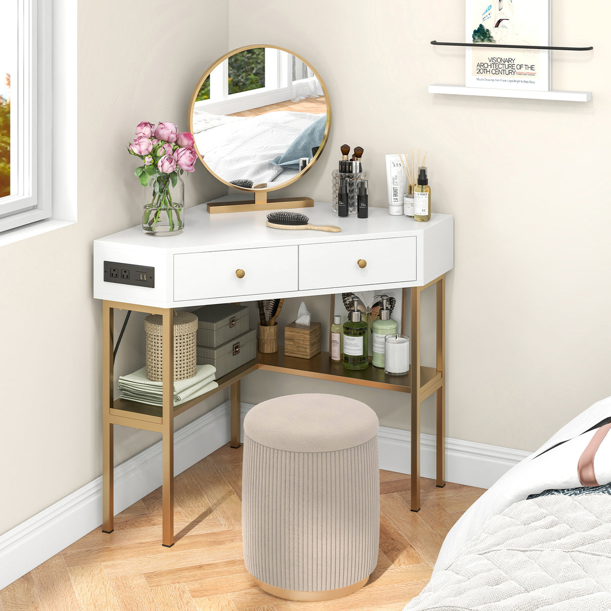 Triangle Corner Desk with Charging Station with 2 Drawers and Storage Shelf