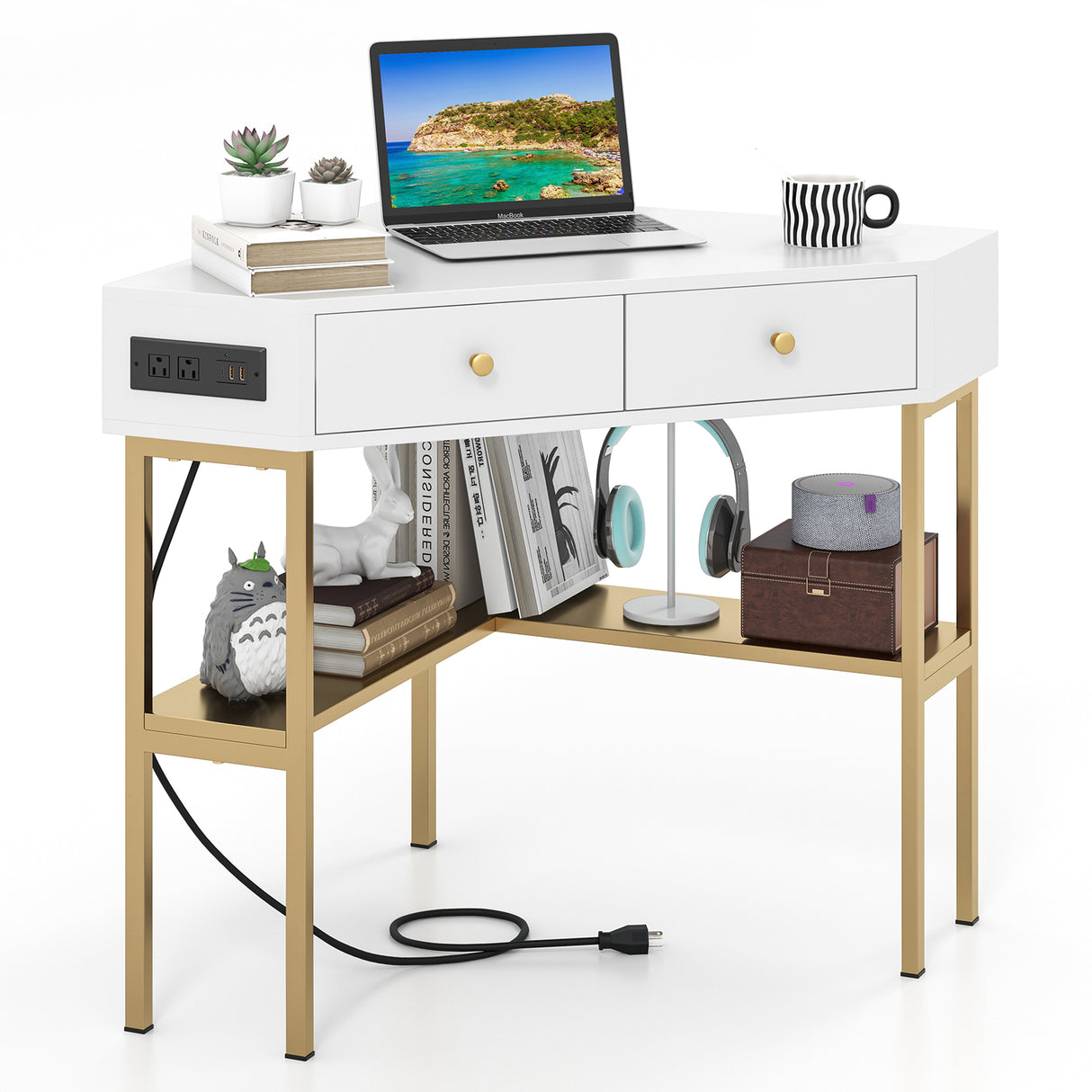 Triangle Corner Desk with Charging Station with 2 Drawers and Storage Shelf