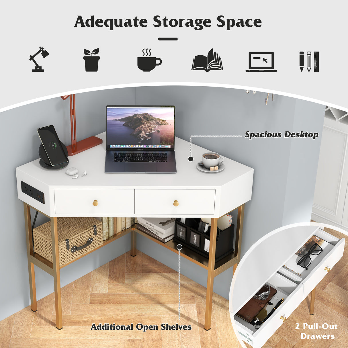 Triangle Corner Desk with Charging Station with 2 Drawers and Storage Shelf