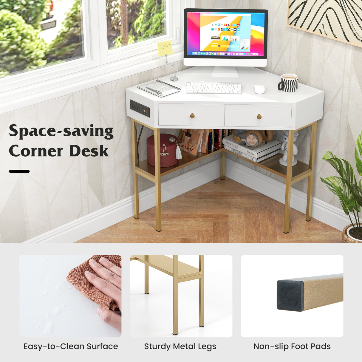 Triangle Corner Desk with Charging Station with 2 Drawers and Storage Shelf
