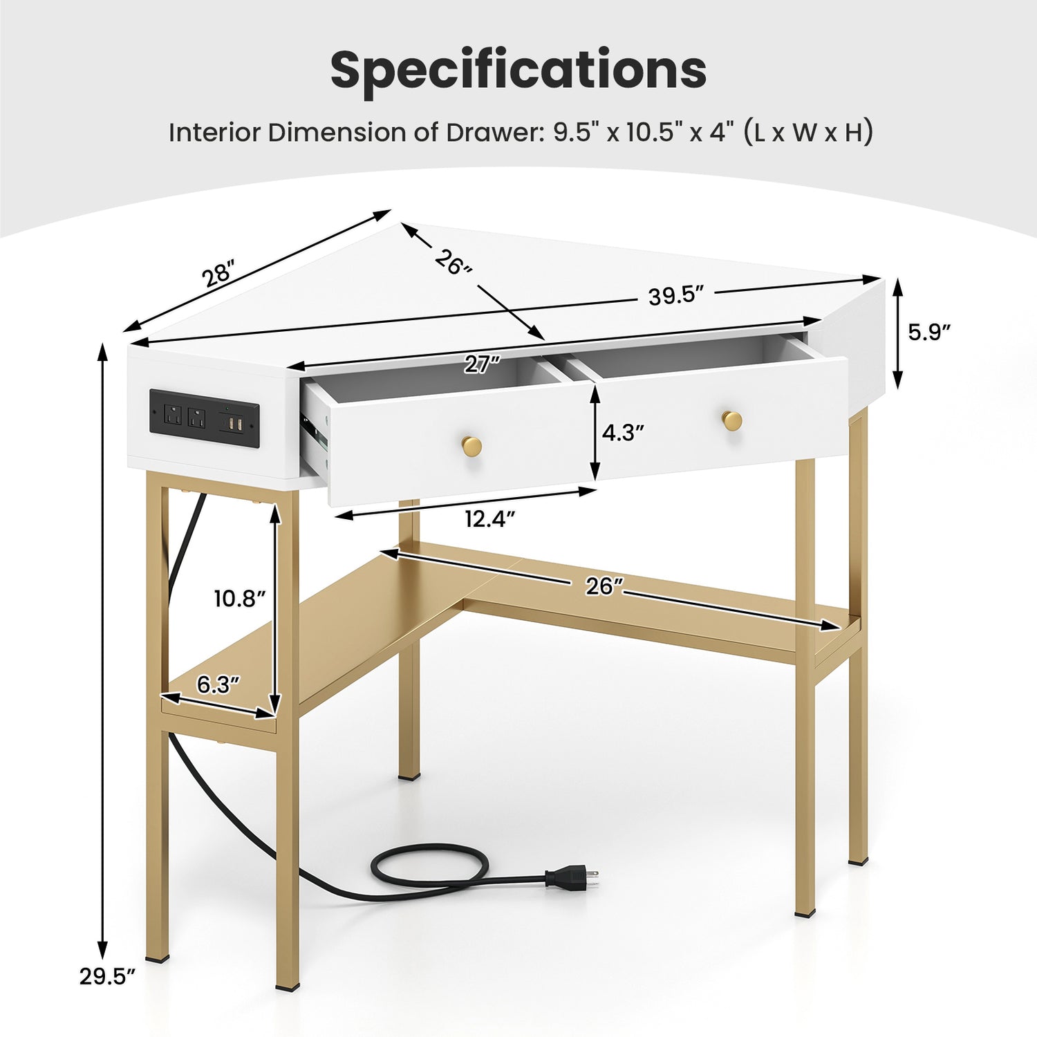 Triangle Corner Desk with Charging Station with 2 Drawers and Storage Shelf
