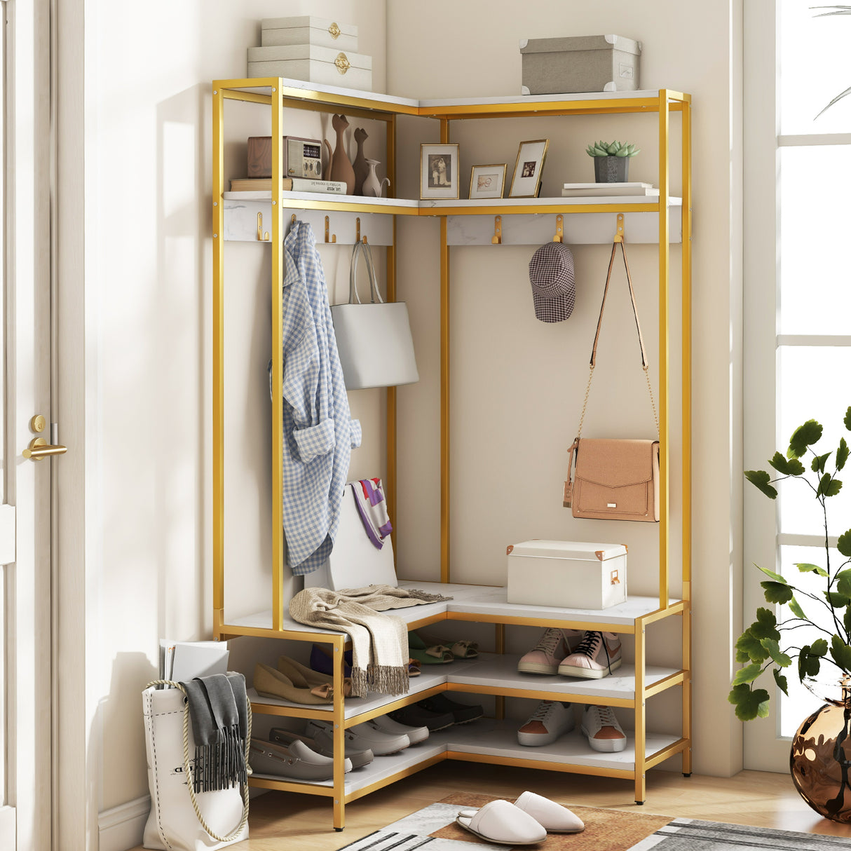 Corner Garment Rack with Open Shelves and 7 Hooks Shoe Bench