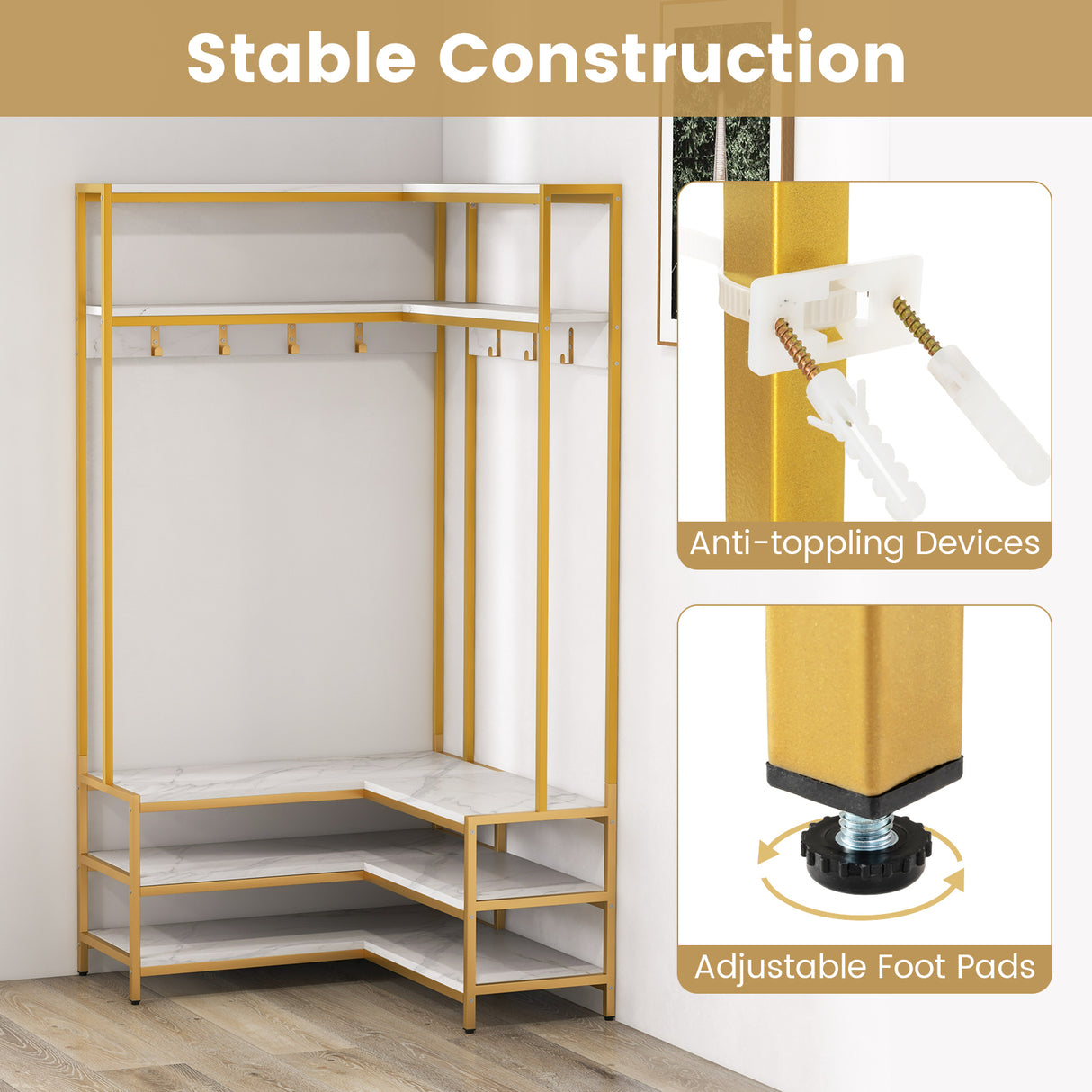 Corner Garment Rack with Open Shelves and 7 Hooks Shoe Bench