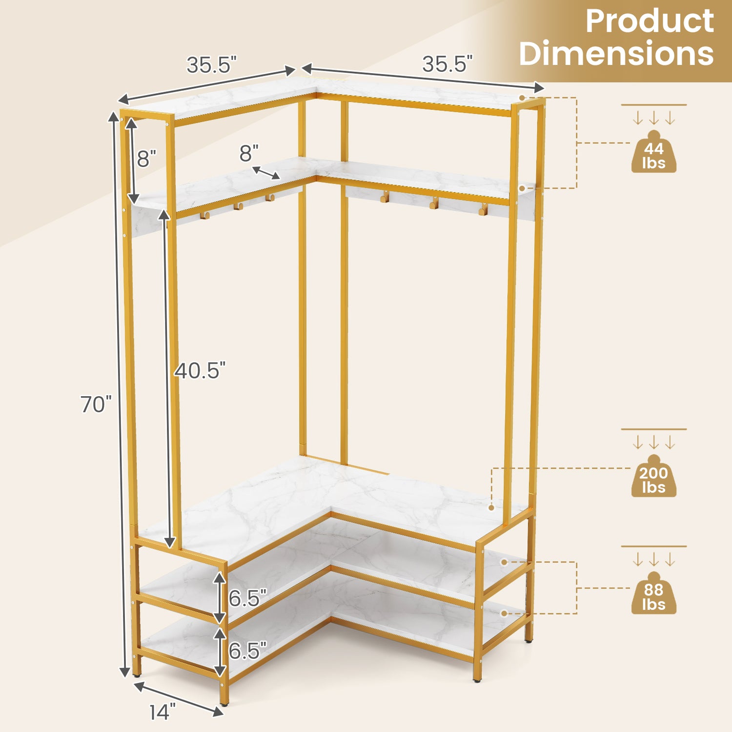 Corner Garment Rack with Open Shelves and 7 Hooks Shoe Bench