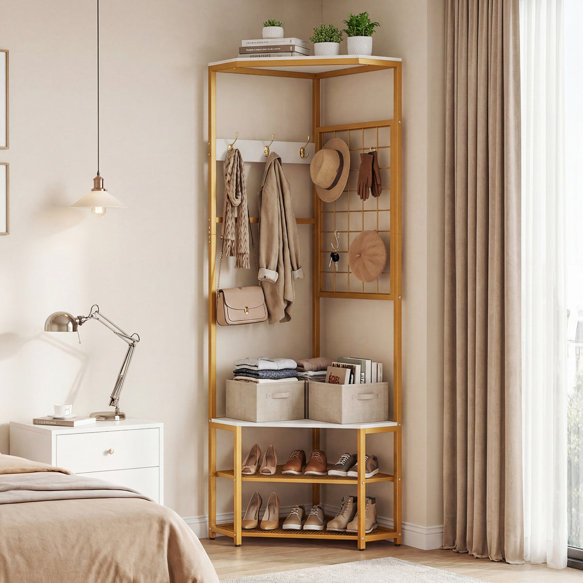 Corner Hall Tree Freestanding Coat Rack with Storage Shelves Removable Hooks