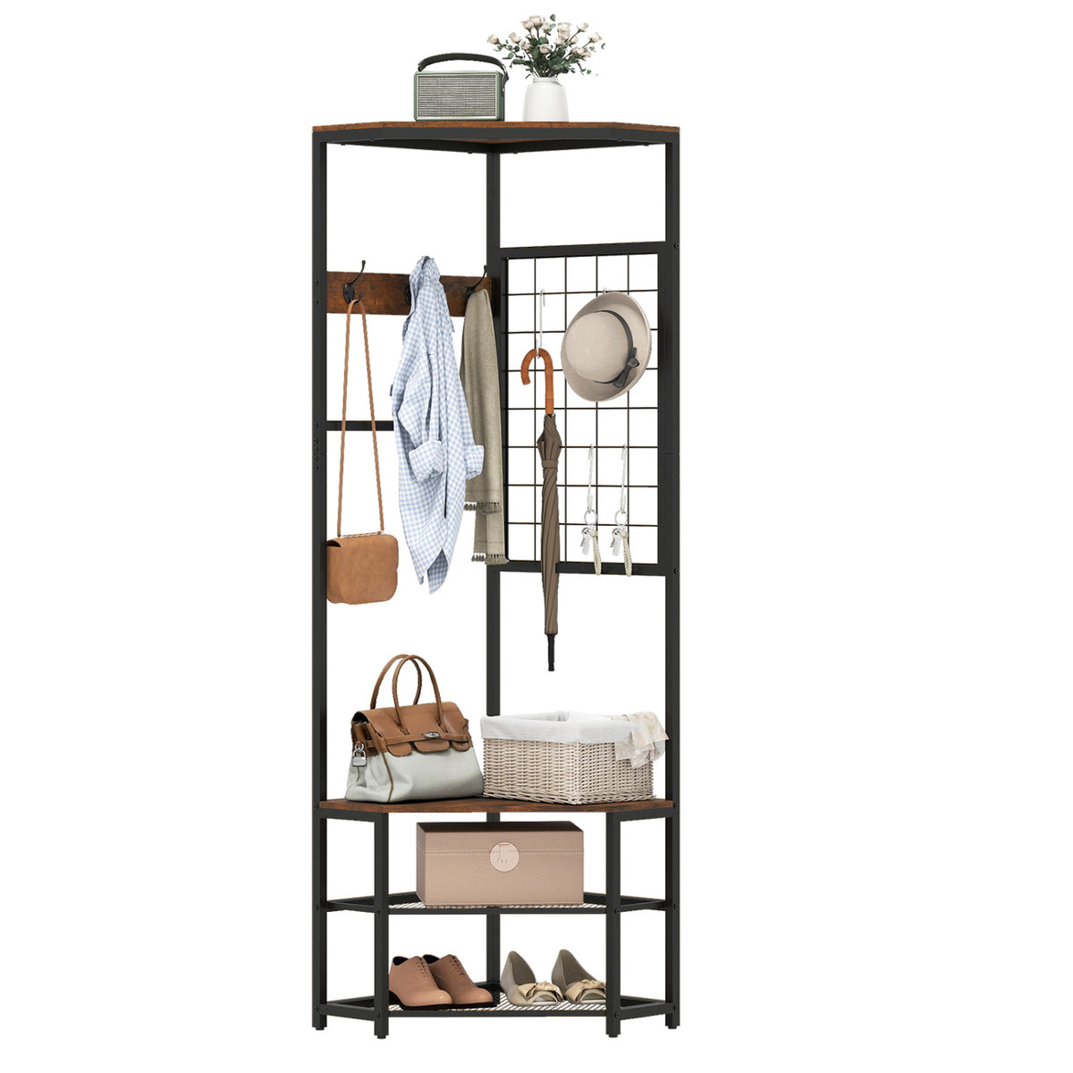 Corner Hall Tree Freestanding Coat Rack with Storage Shelves Removable Hooks