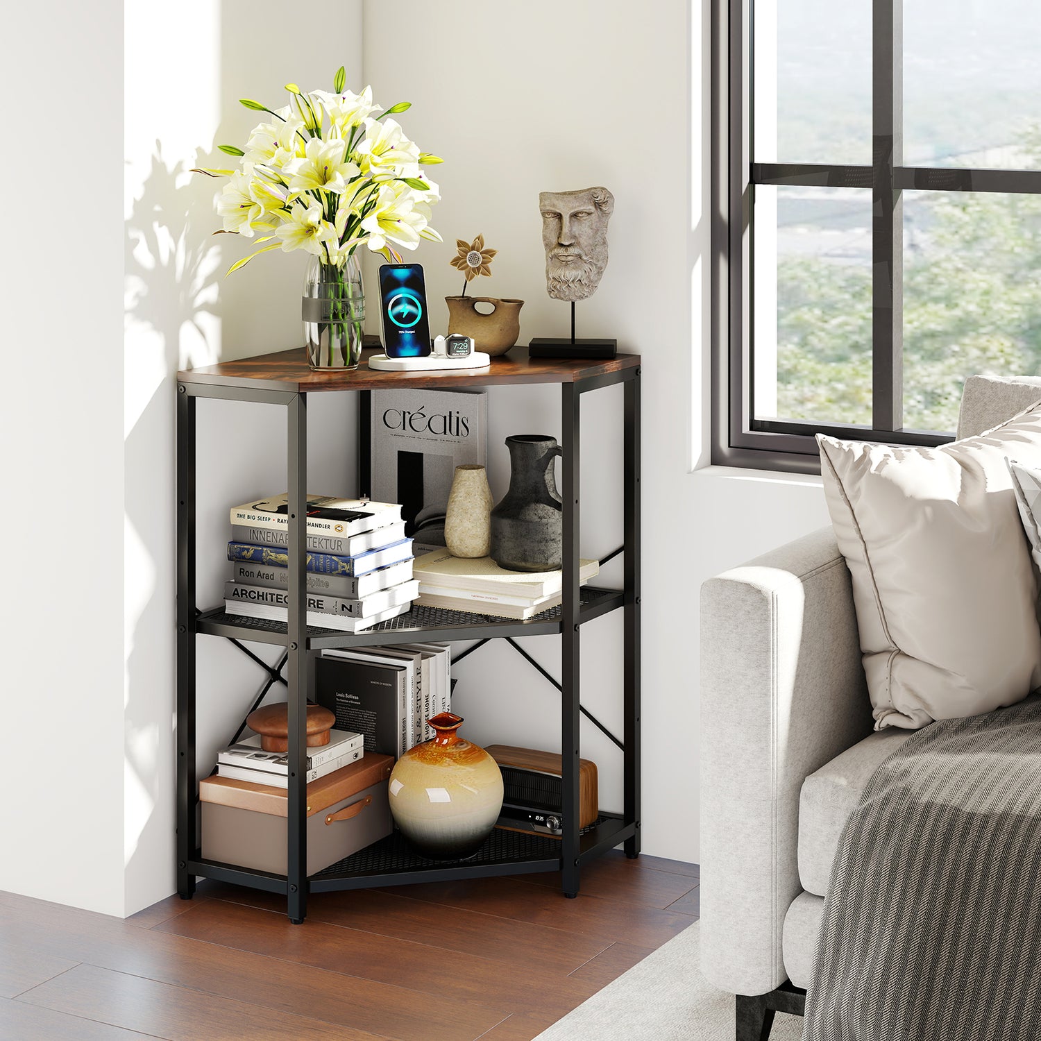 Corner Printer Stand with Power Outlet 3-Tier Storage Rack with Adjustable Shelf