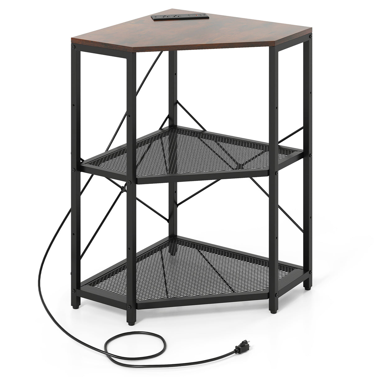 Corner Printer Stand with Power Outlet 3-Tier Storage Rack with Adjustable Shelf