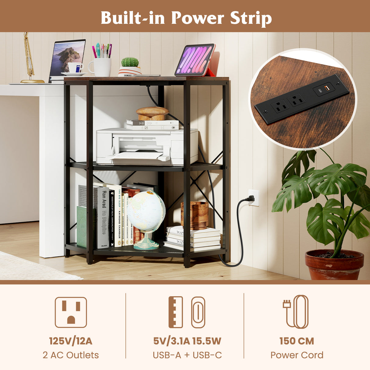 Corner Printer Stand with Power Outlet 3-Tier Storage Rack with Adjustable Shelf