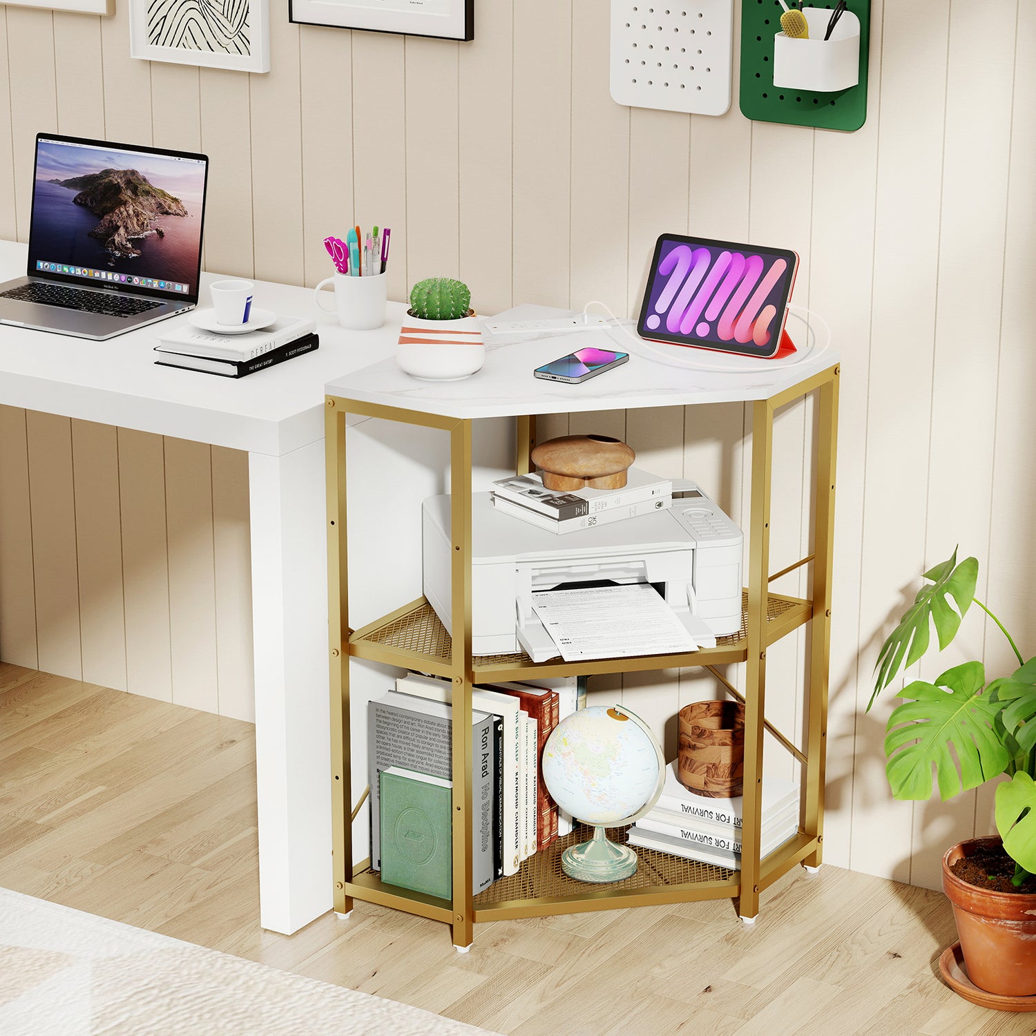 Corner Printer Stand with Power Outlet 3-Tier Storage Rack with Adjustable Shelf