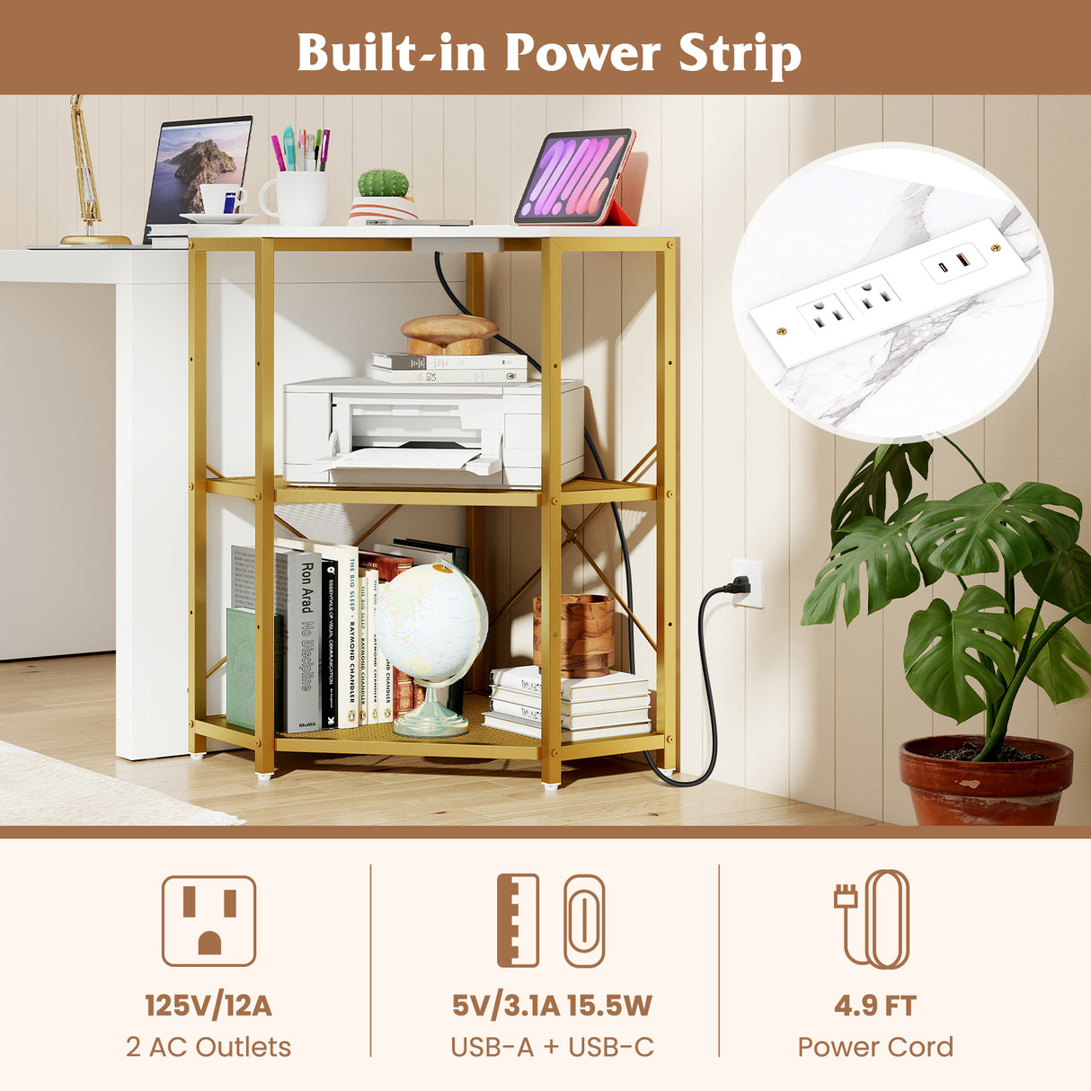 Corner Printer Stand with Power Outlet 3-Tier Storage Rack with Adjustable Shelf