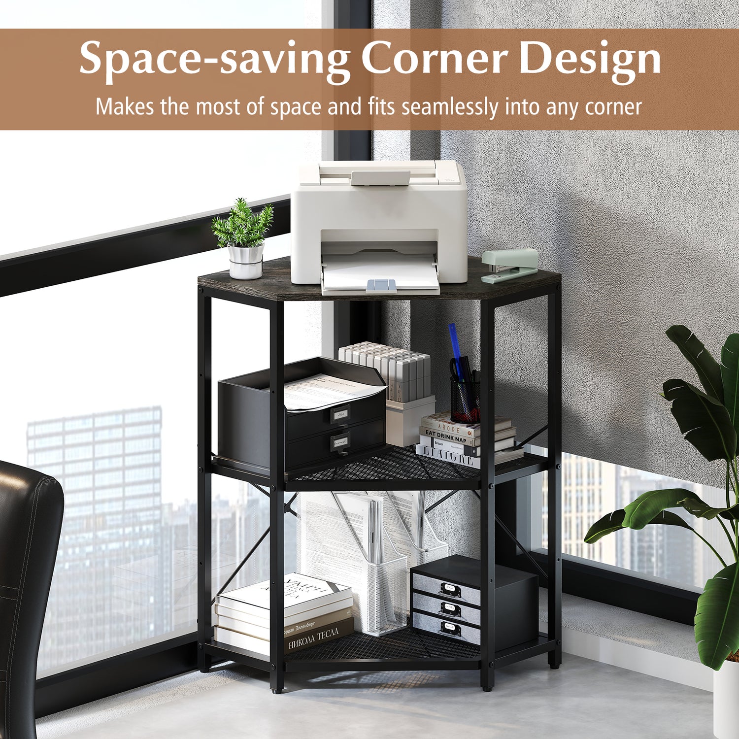 Corner Printer Stand with Power Outlet 3-Tier Storage Rack with Adjustable Shelf