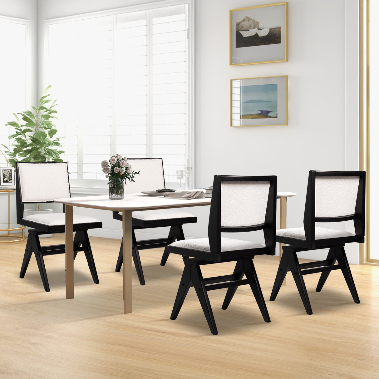 Swivel Wooden Dining Chair Set of 2 with Rubber Wood Frame and Padded Seat-Black