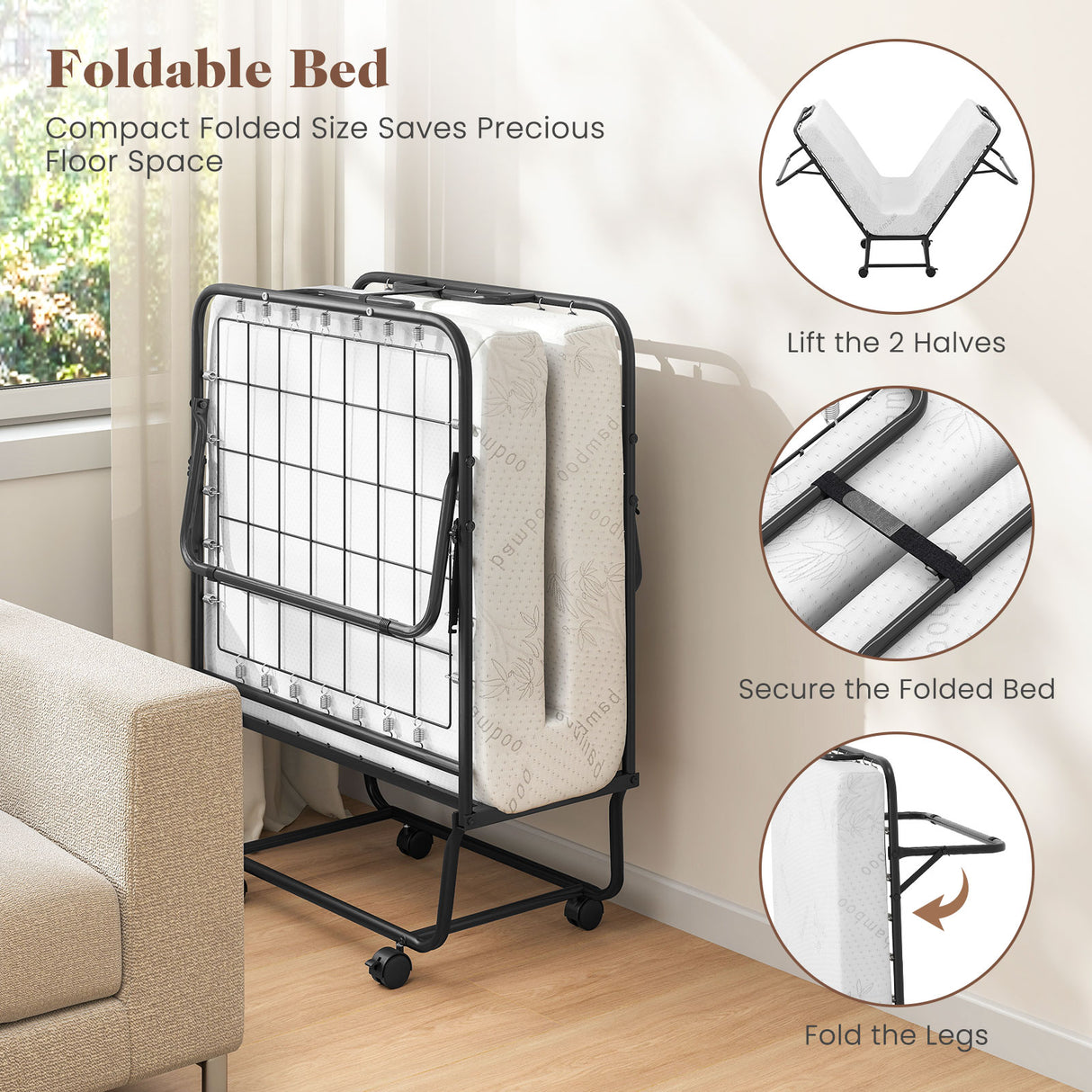 Cot Size Folding Bed Frame with Memory Foam Mattress and Metal Frame