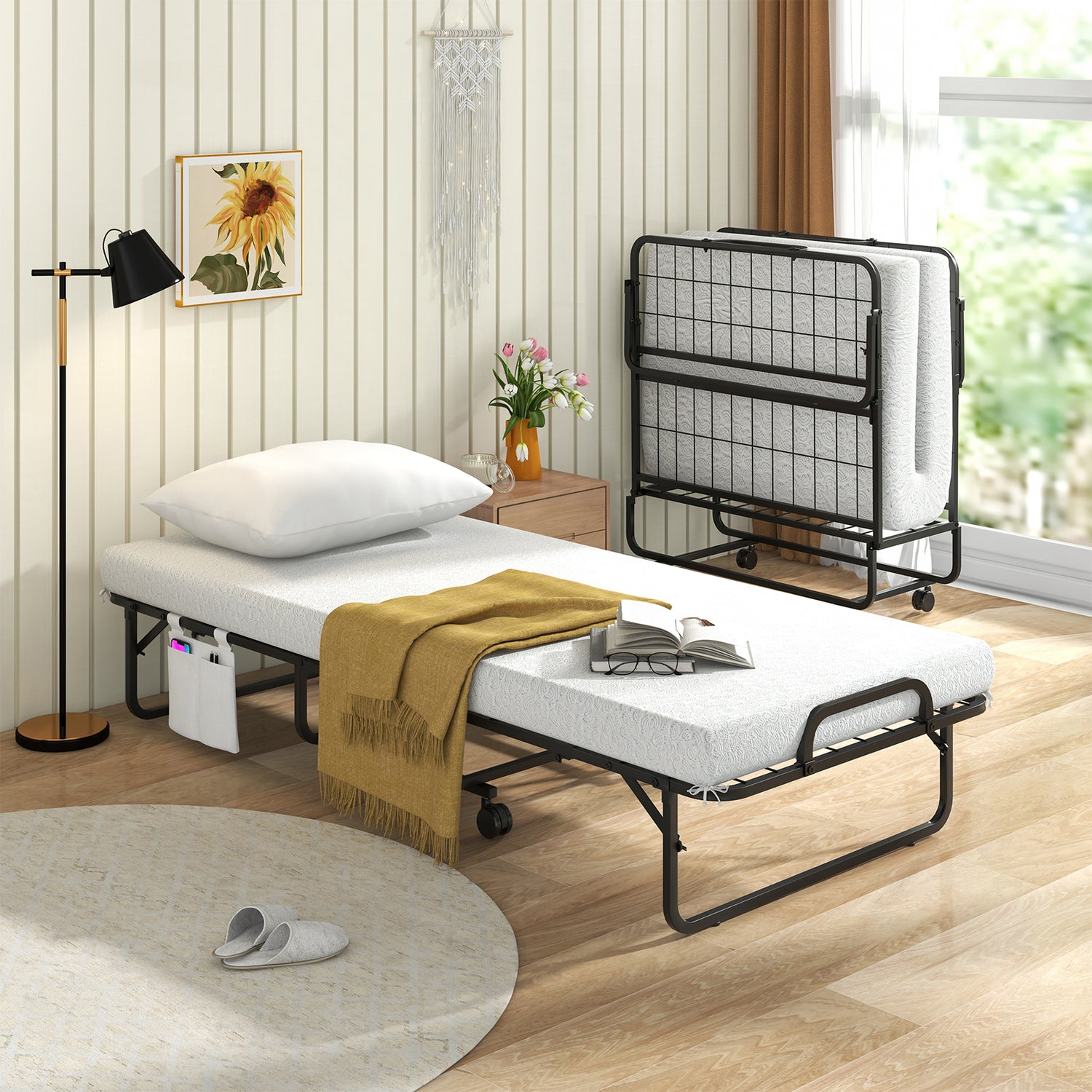 Space-Saving Narrow Twin Rollaway Bed with Pillow and Side Organizer Pocket