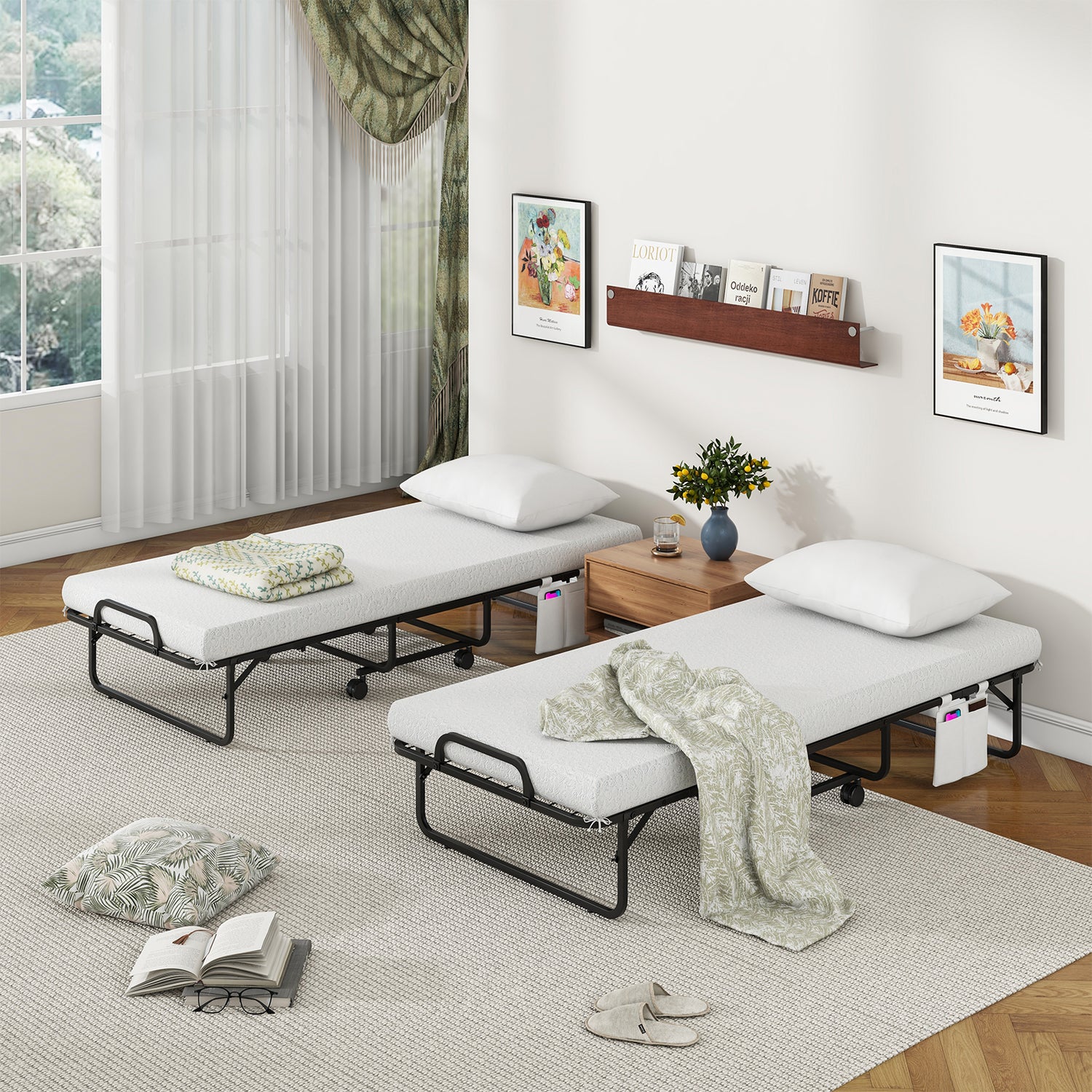 Space-Saving Narrow Twin Rollaway Bed with Pillow and Side Organizer Pocket