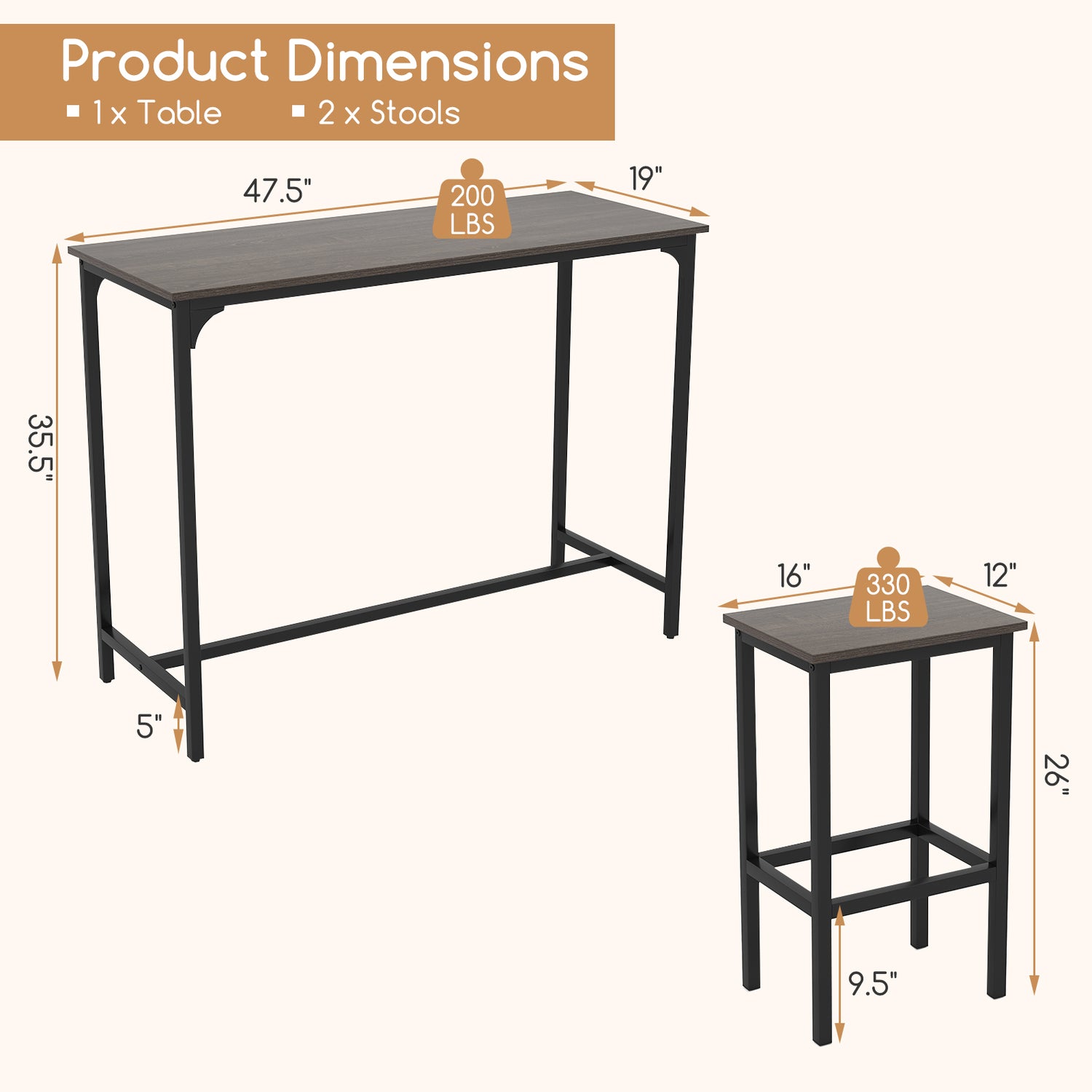 Industrial 3-Piece 47.5" Counter-Height Dining Table and 2 Bar Stools
