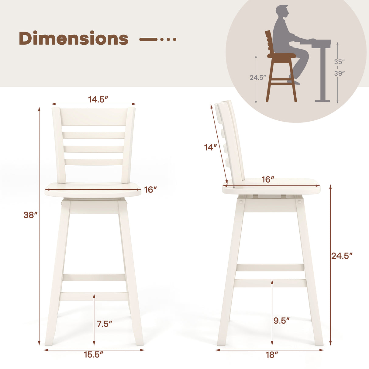 Counter Height Barstools Set of 2 with Footrest for Kitchen Island Bar
