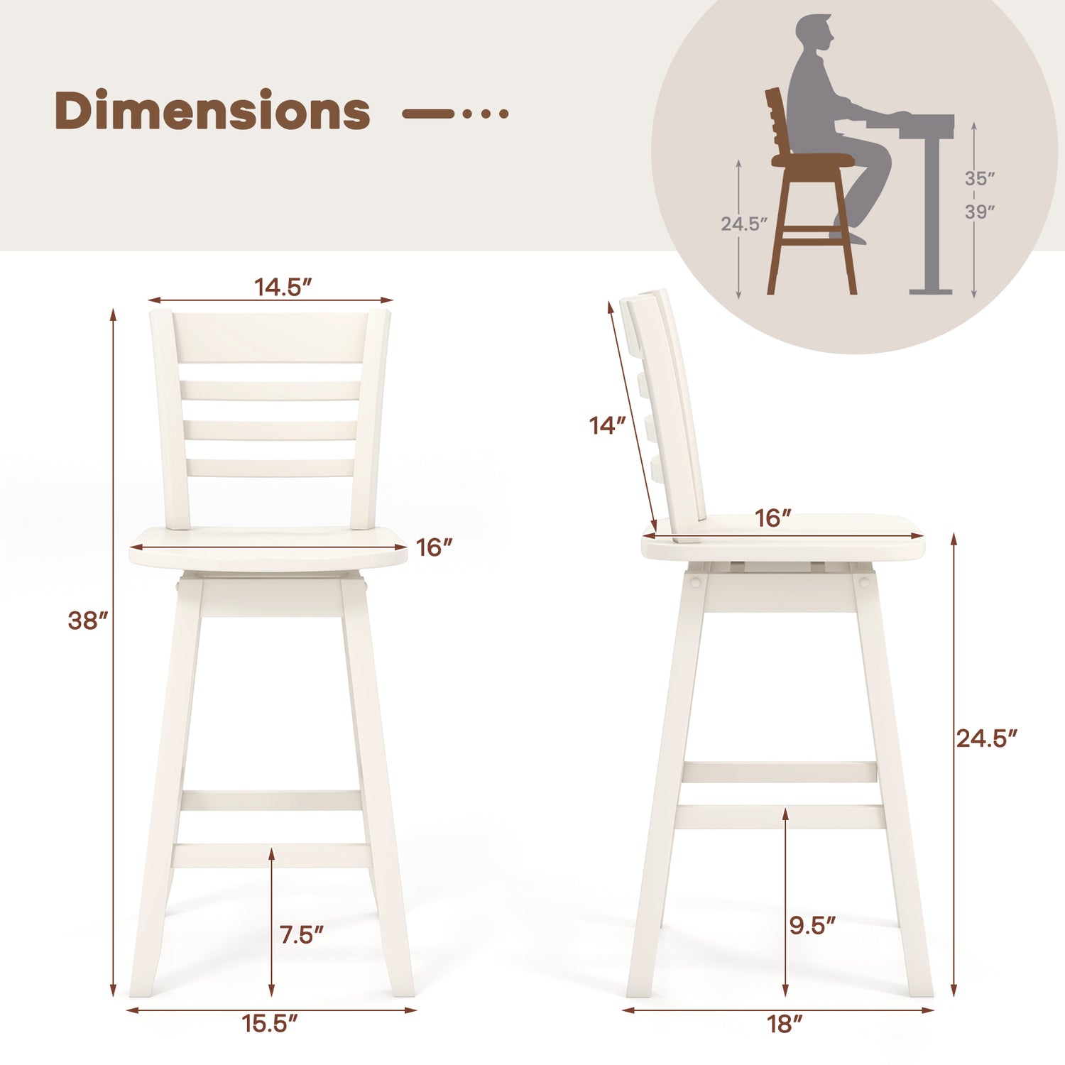Counter Height Barstools Set of 2 with Footrest for Kitchen Island Bar