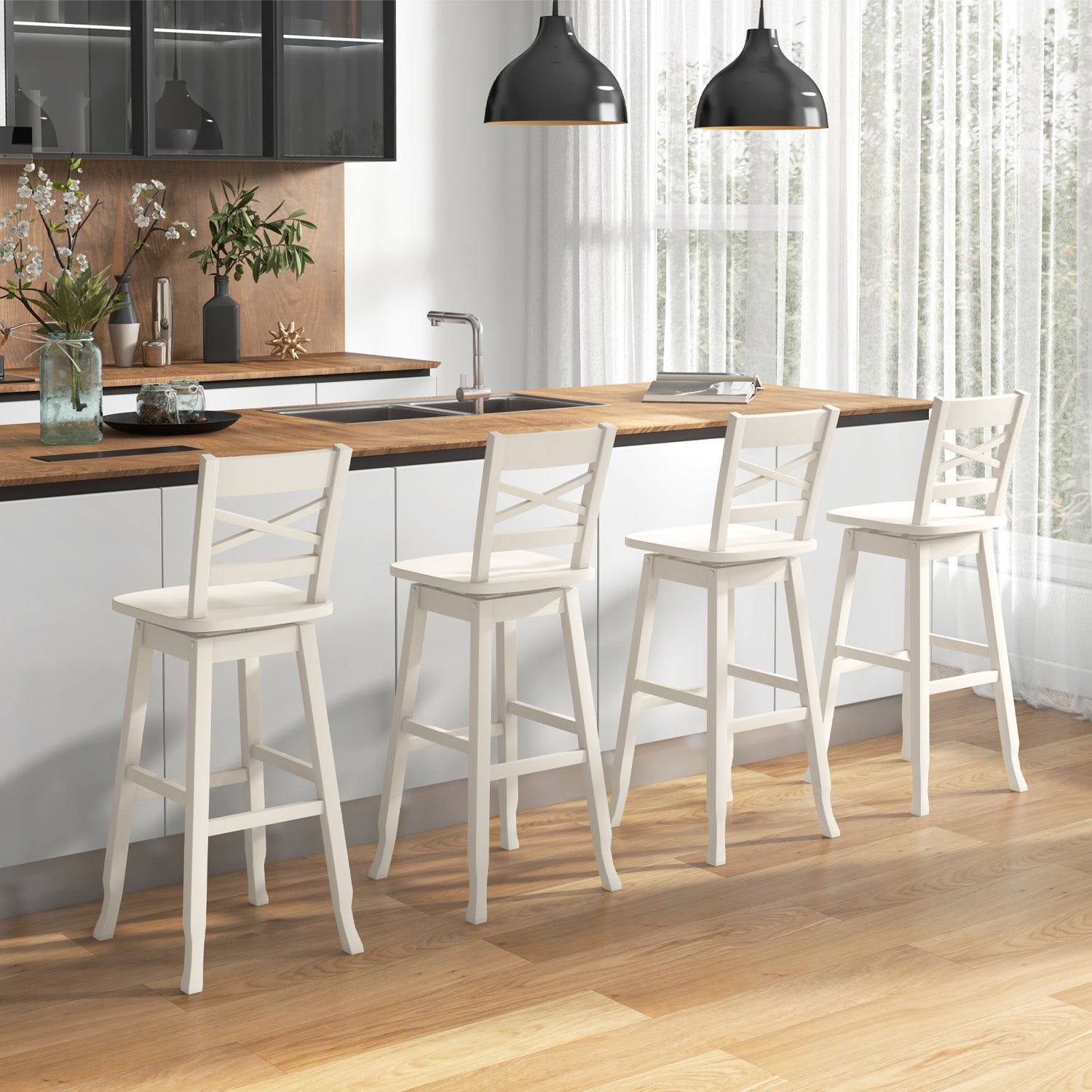 Swivel 30-Inch Bar Height Stool Set of 2 with Footrest-Cream White