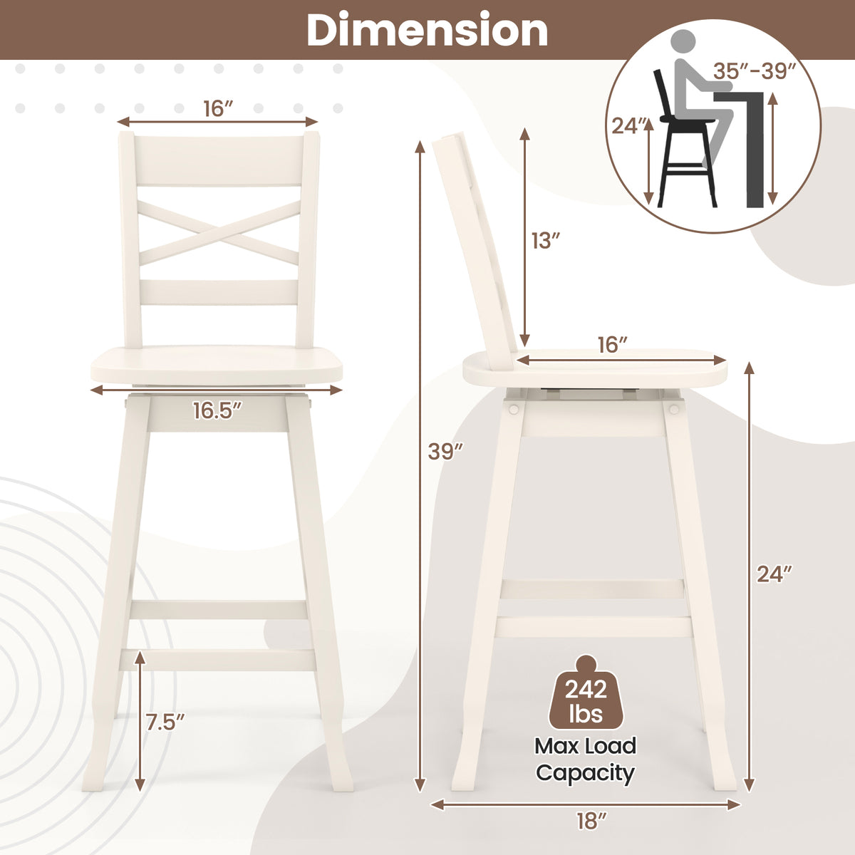 Swivel 24-Inch Counter Height Stool Set of 2 with Inclined Backrest