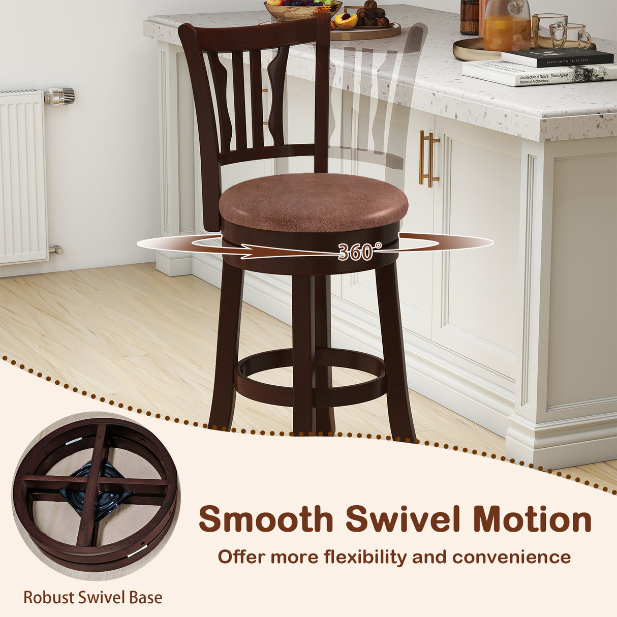Counter Height Swivel Bar Stools Set of 2 with Back and Solid Rubber Frame