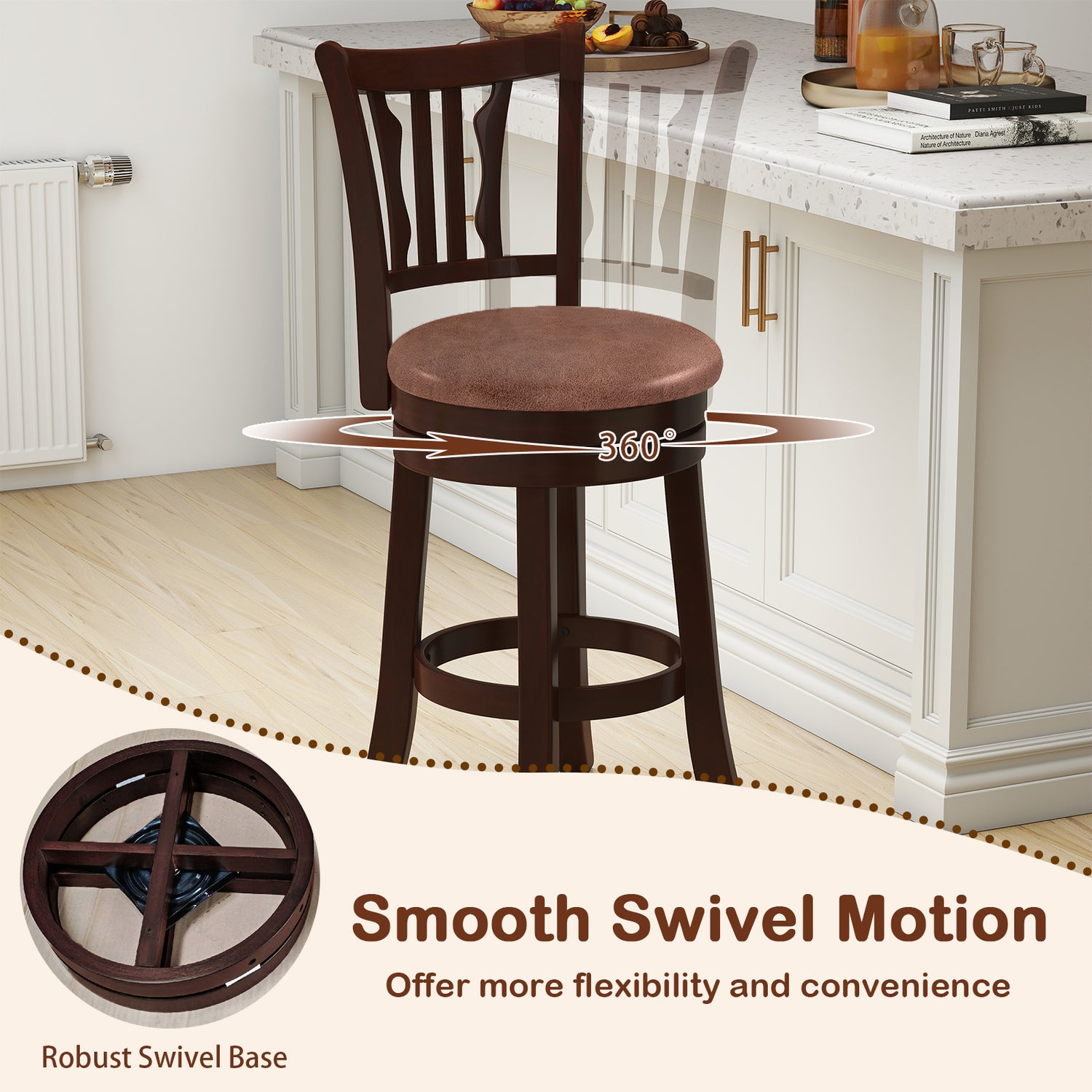 Counter Height Swivel Bar Stools Set of 2 with Back and Solid Rubber Frame