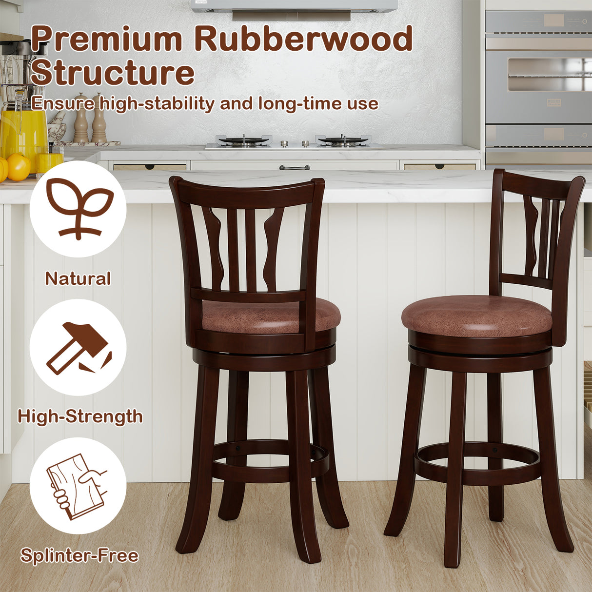 Counter Height Swivel Bar Stools Set of 2 with Back and Solid Rubber Frame