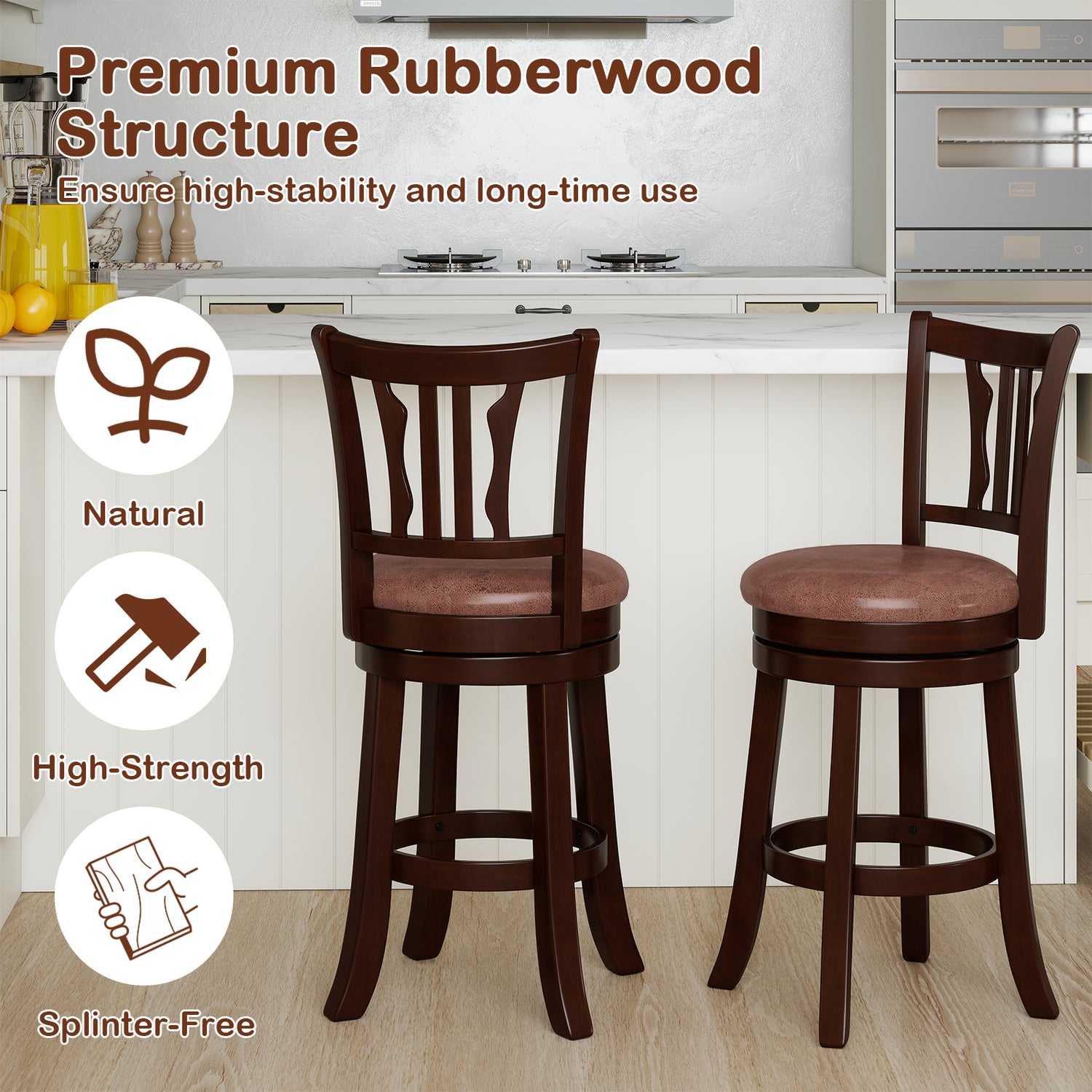 Counter Height Swivel Bar Stools Set of 2 with Back and Solid Rubber Frame
