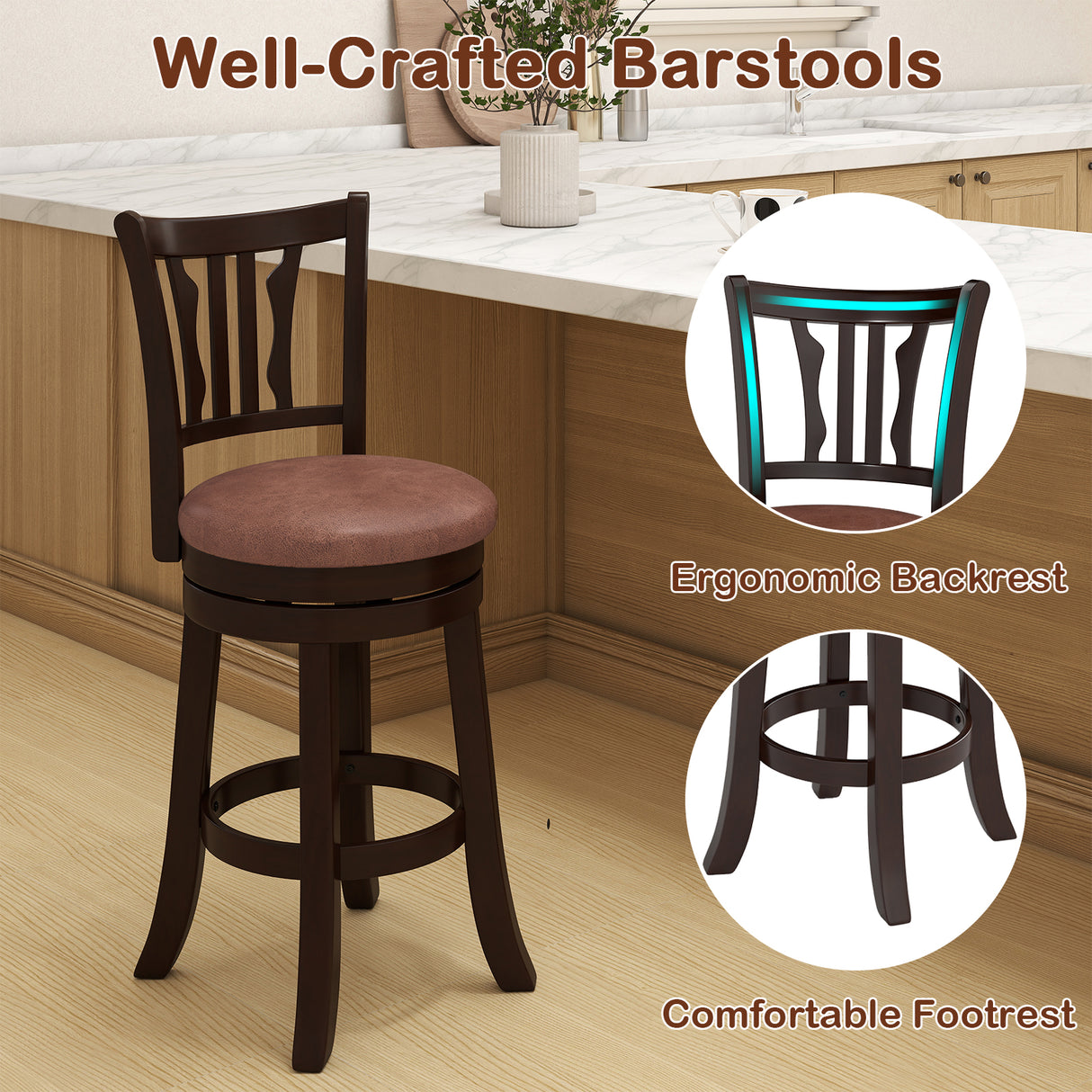 Counter Height Swivel Bar Stools Set of 2 with Back and Solid Rubber Frame