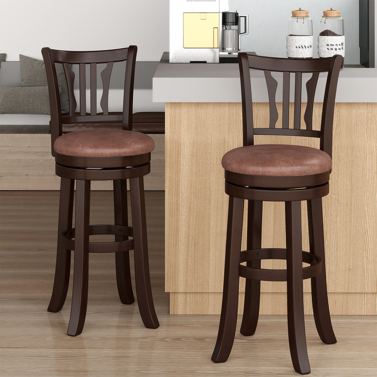 Counter Height Swivel Bar Stools Set of 2 with Back and Solid Rubber Frame