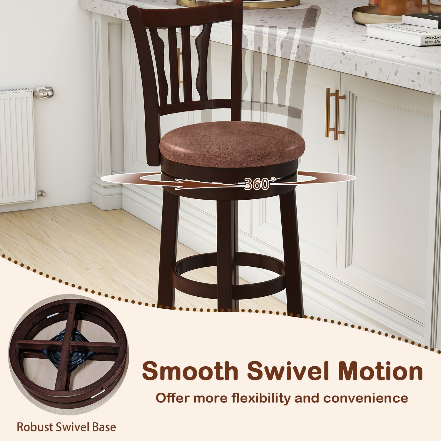 Counter Height Swivel Bar Stools Set of 2 with Back and Solid Rubber Frame
