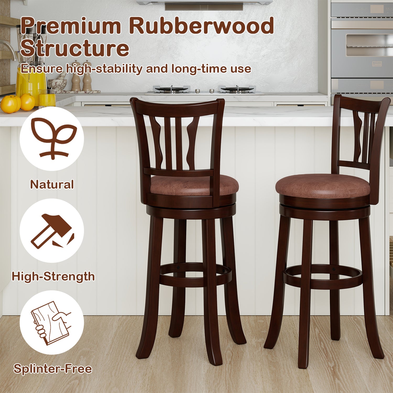 Counter Height Swivel Bar Stools Set of 2 with Back and Solid Rubber Frame