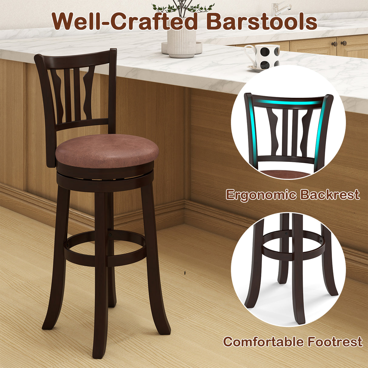 Counter Height Swivel Bar Stools Set of 2 with Back and Solid Rubber Frame