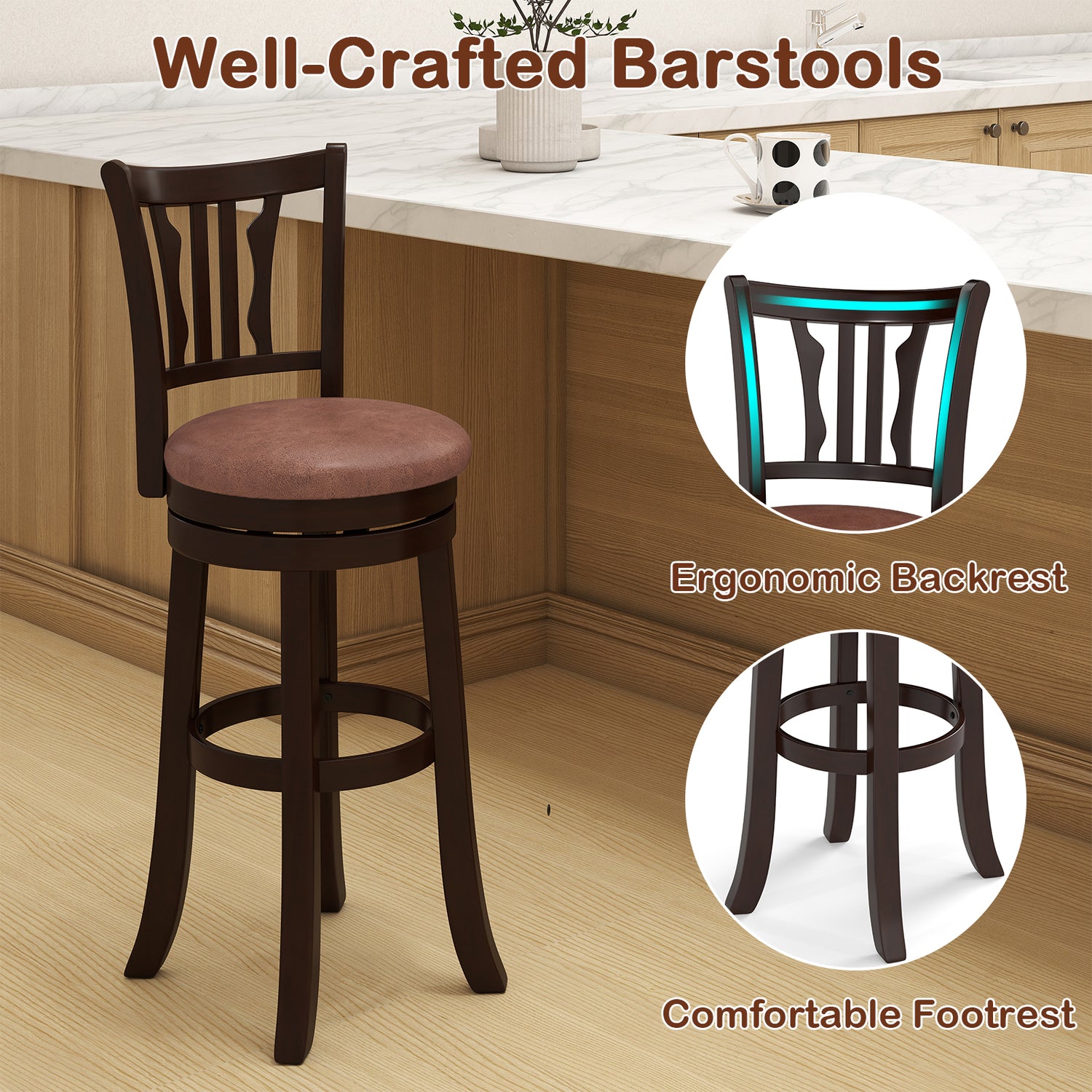 Counter Height Swivel Bar Stools Set of 2 with Back and Solid Rubber Frame