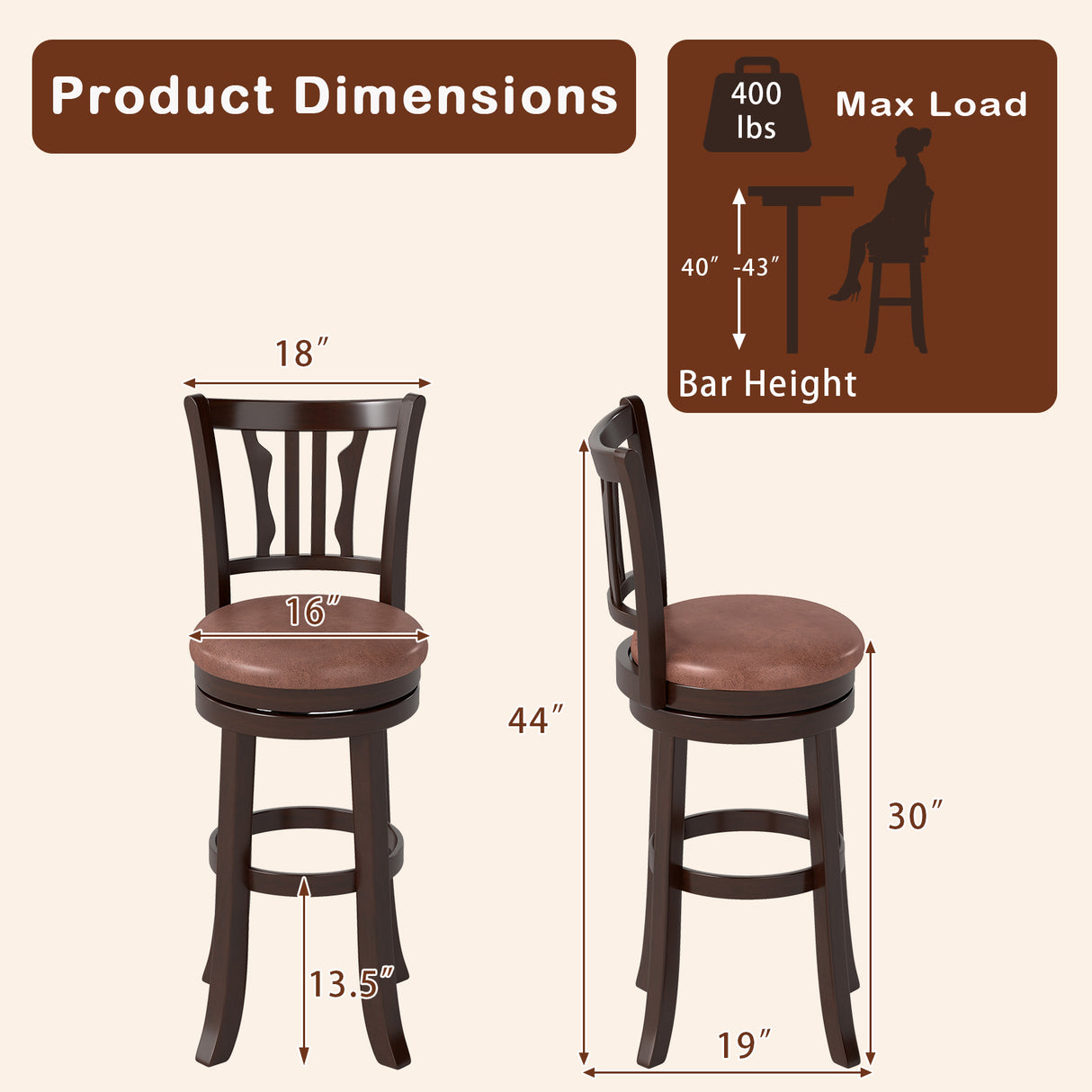 Counter Height Swivel Bar Stools Set of 2 with Back and Solid Rubber Frame