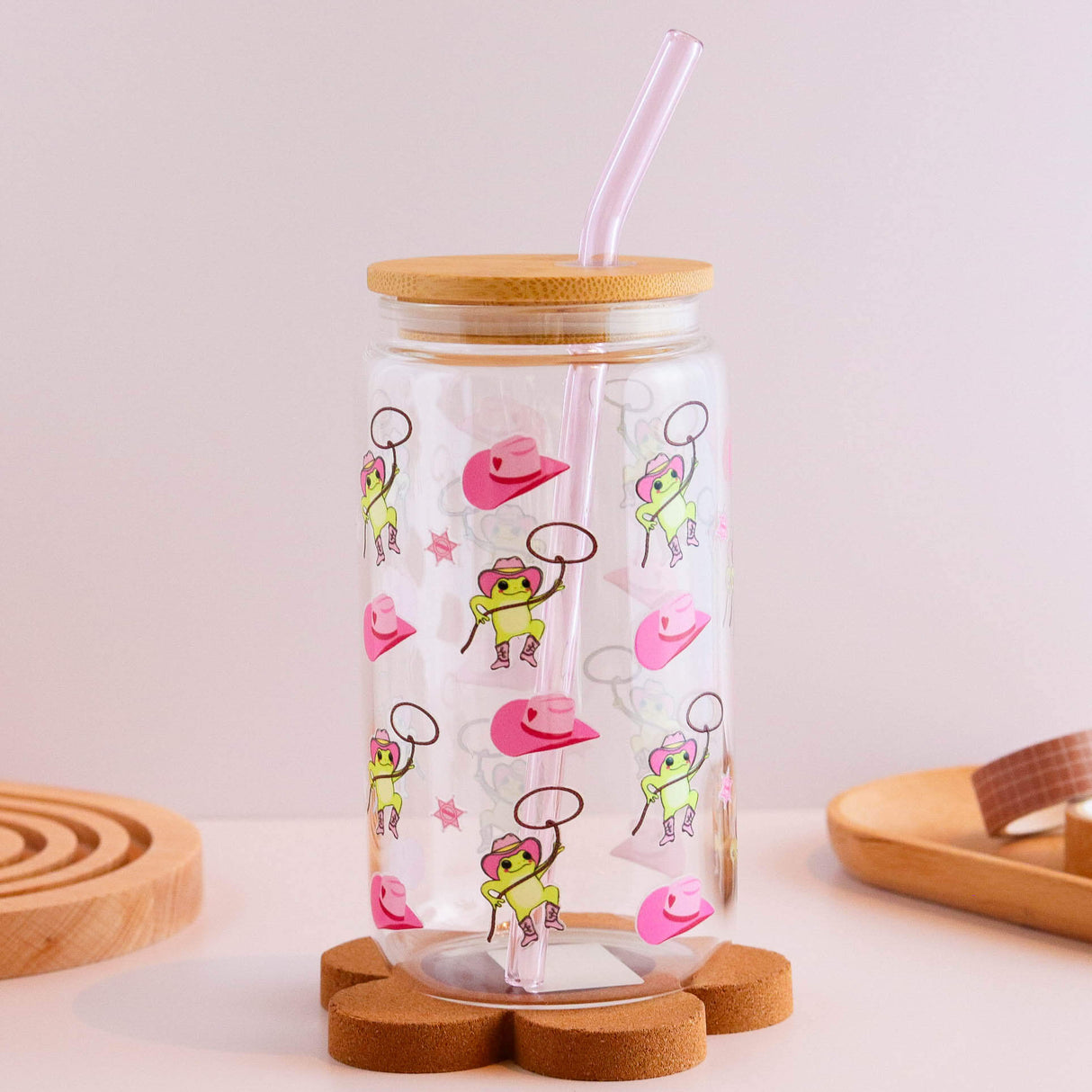 Cowgirl Frog 16 oz Glass Cup Set