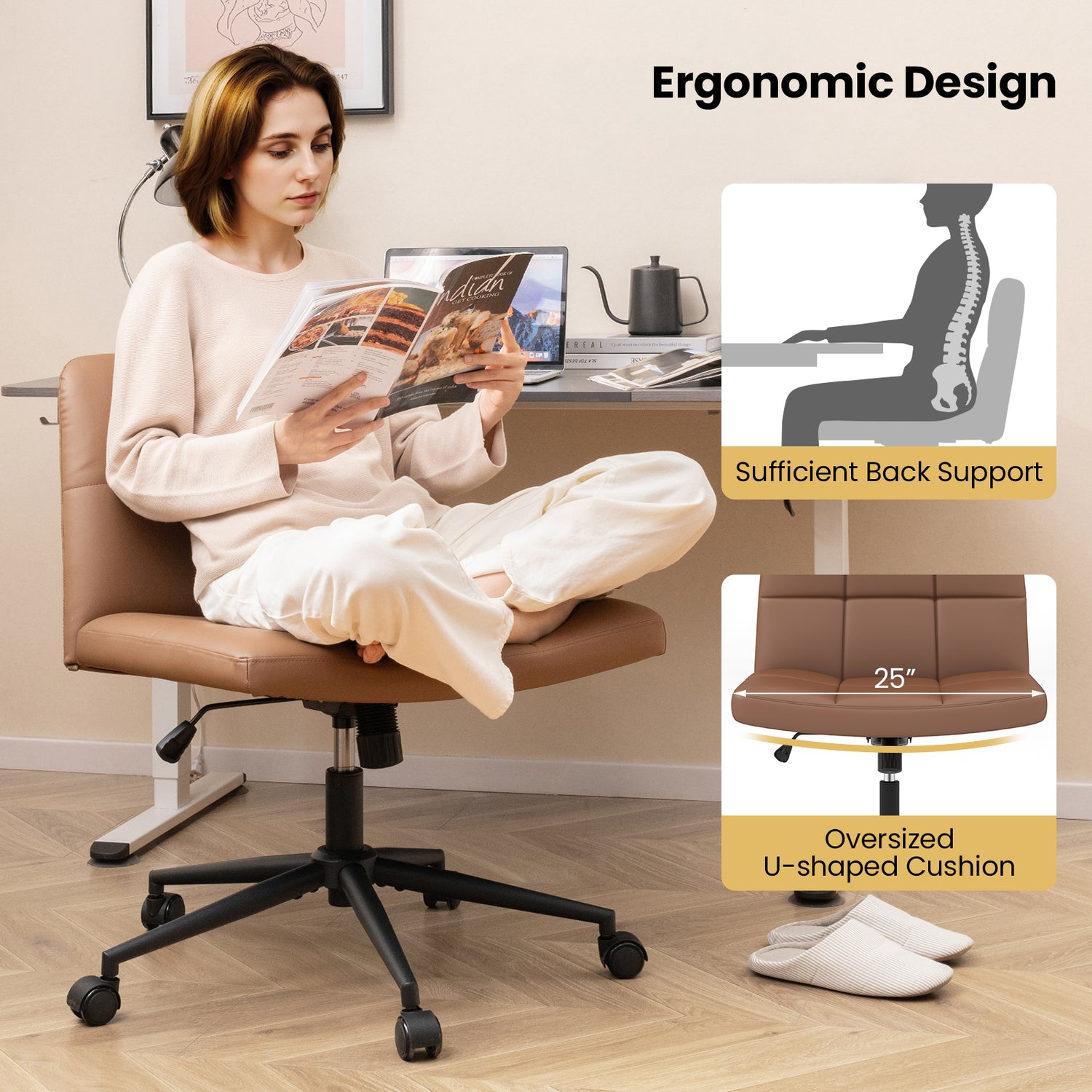 Height-adjustable Armless Desk Chair with Wheels for Home Office Make Up