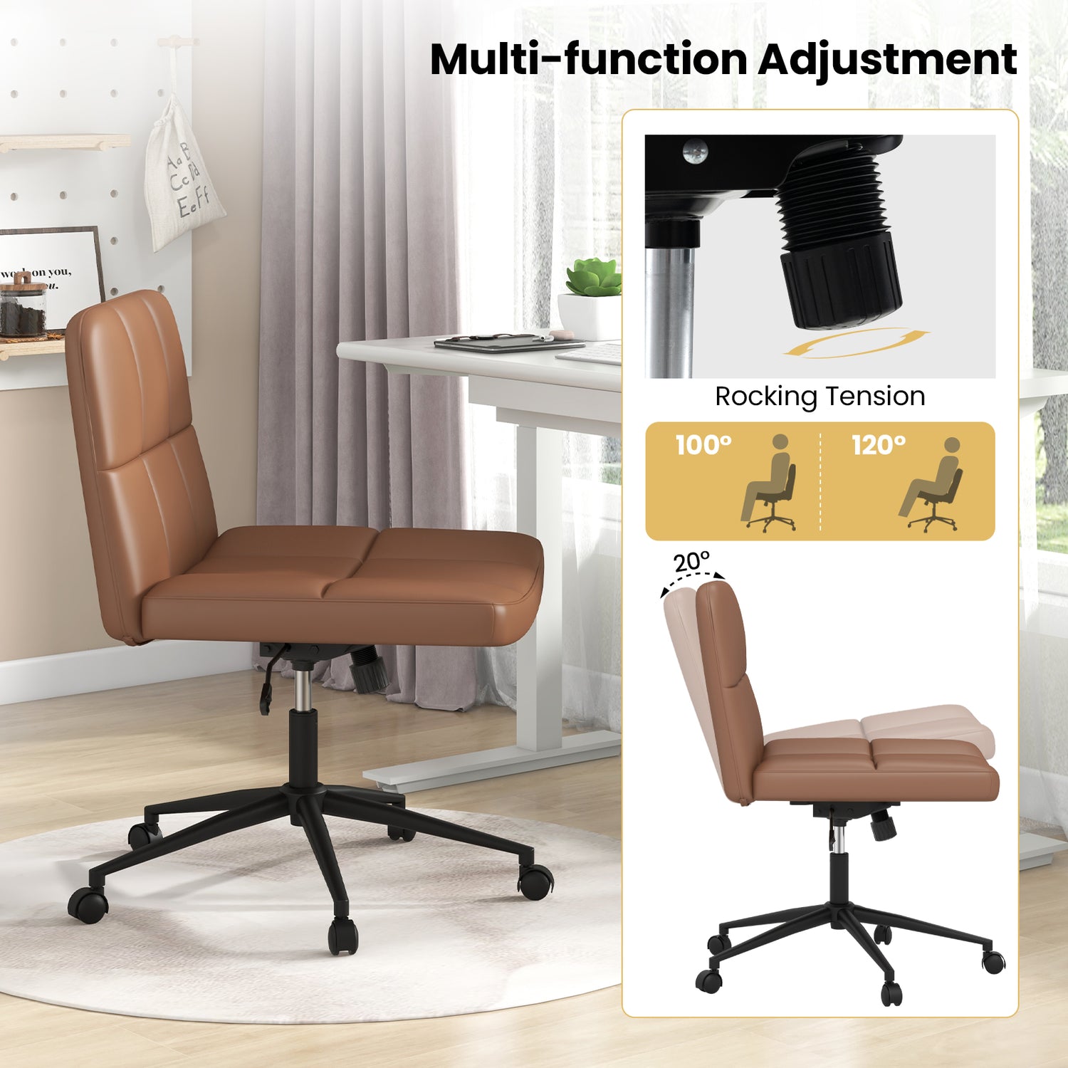 Height-adjustable Armless Desk Chair with Wheels for Home Office Make Up