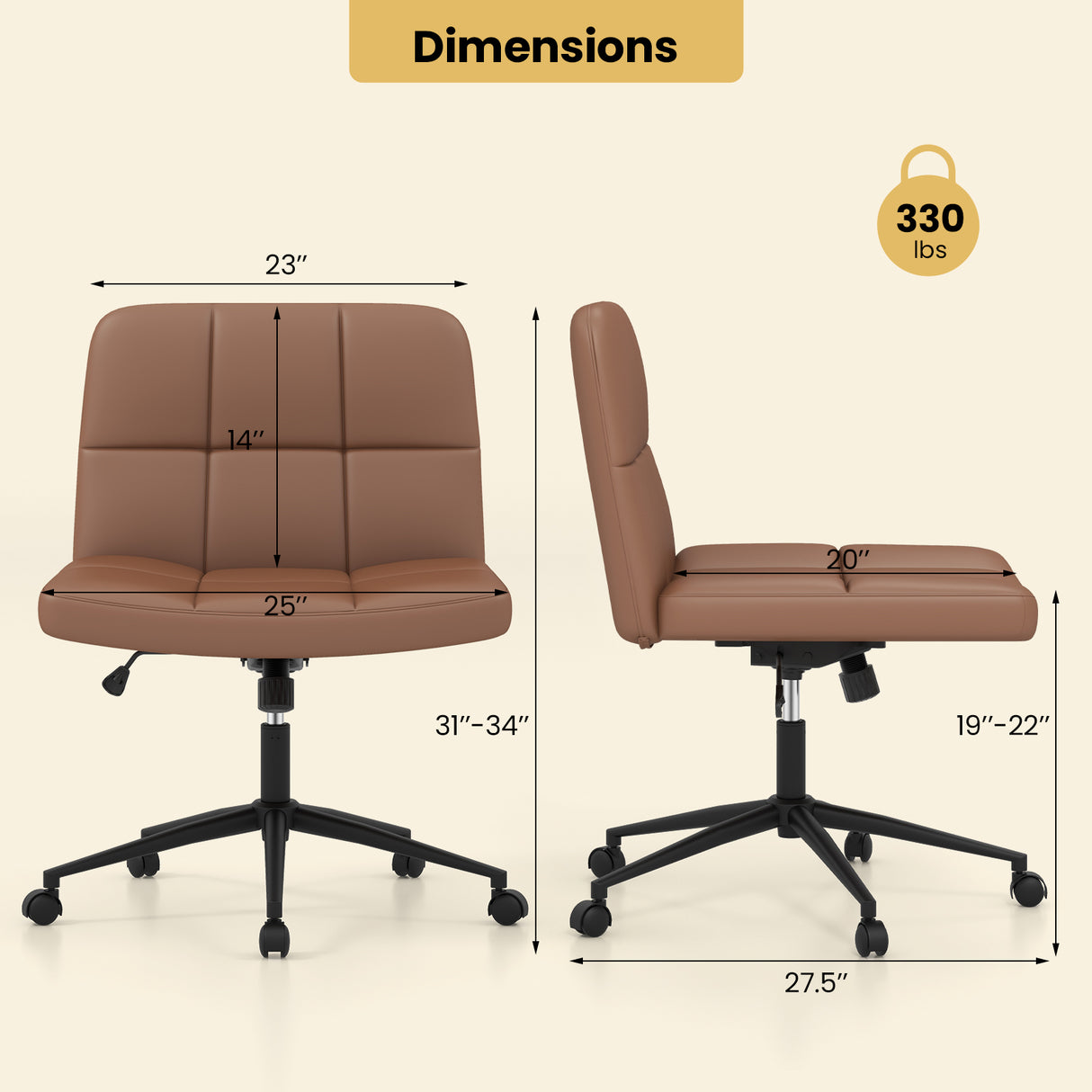 Height-adjustable Armless Desk Chair with Wheels for Home Office Make Up