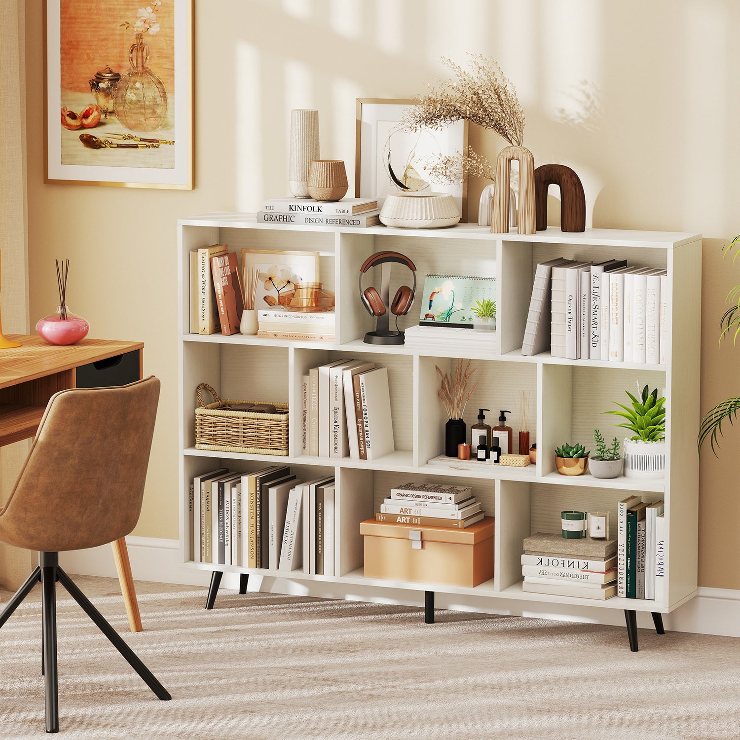 8-Cube Bookcase with 5 Tapered Metal Legs