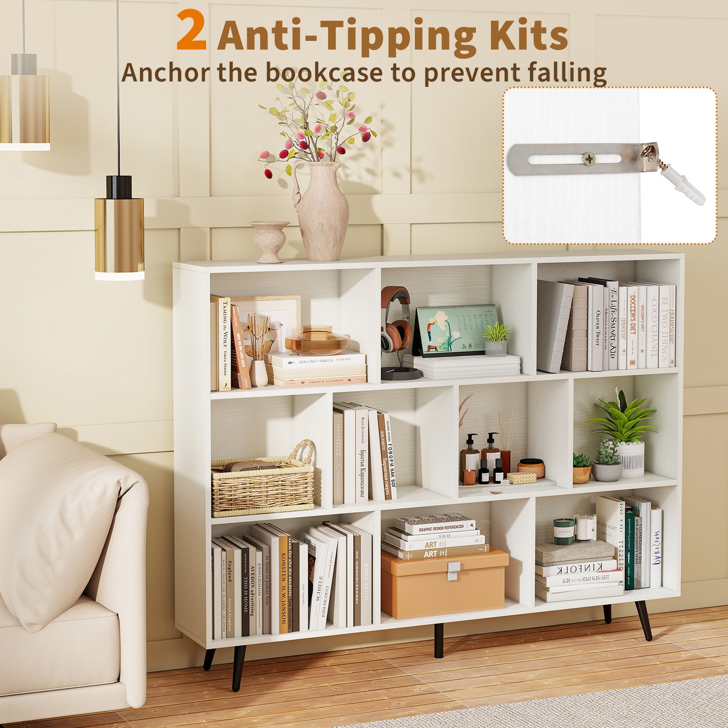8-Cube Bookcase with 5 Tapered Metal Legs